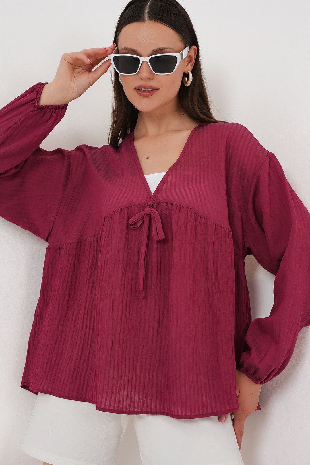 Bigdart Blouse à manches longues avec lacets devant pour femme 946 - Bordeaux