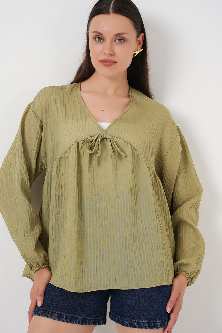 Bigdart Blouse à manches longues avec lacets devant pour femme 946 - Vert d'eau
