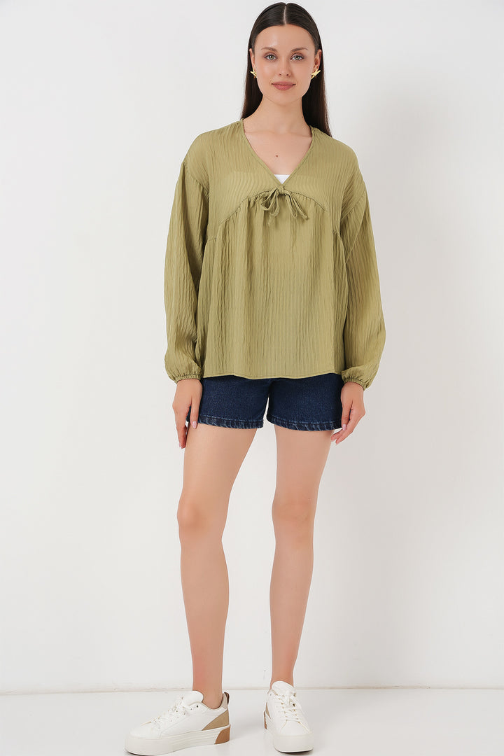 Bigdart Blouse à manches longues avec lacets devant pour femme 946 - Vert d'eau