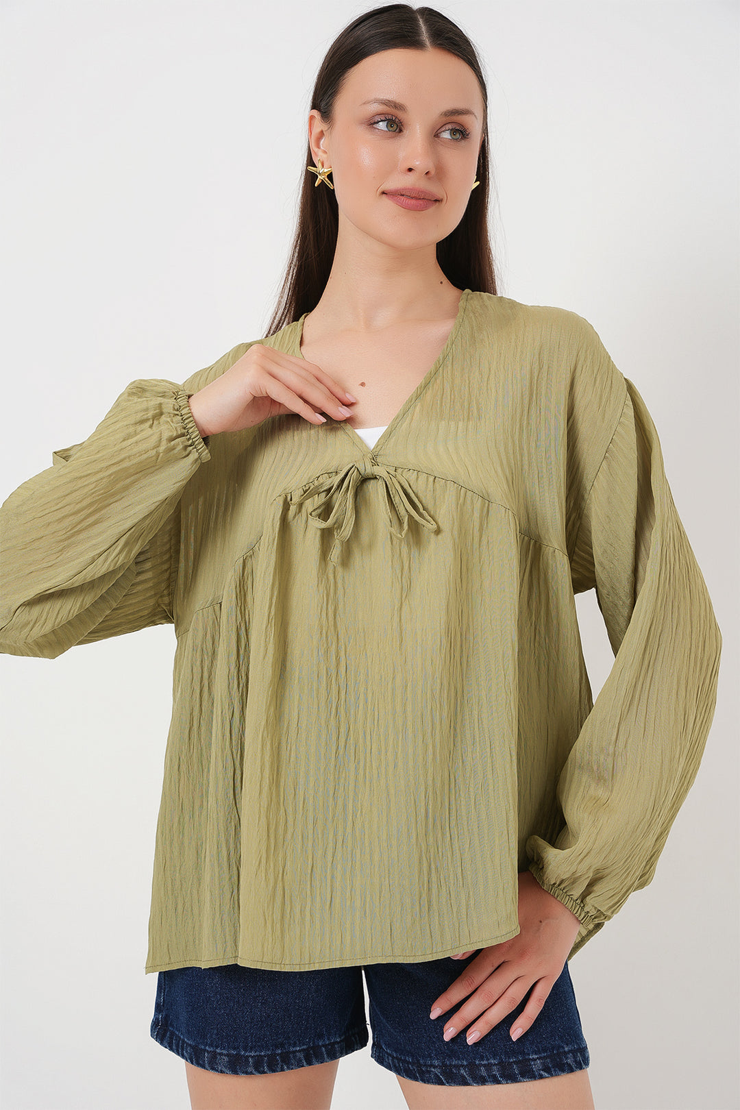 Bigdart Blouse à manches longues avec lacets devant pour femme 946 - Vert d'eau