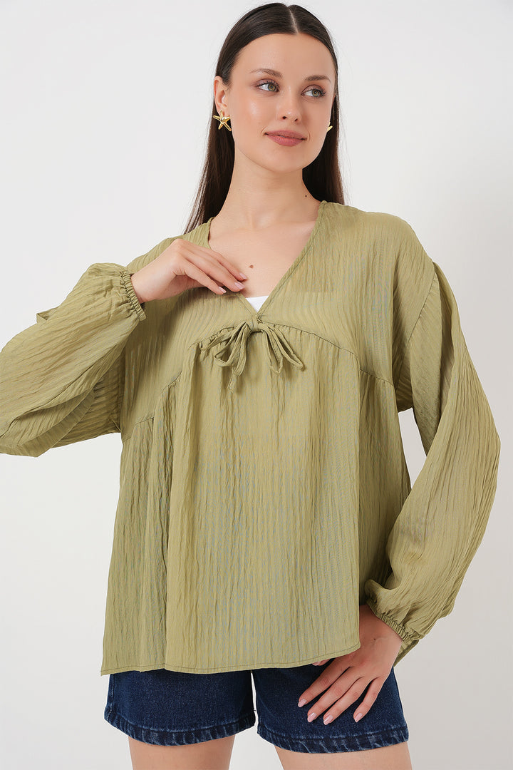 Bigdart Blouse à manches longues avec lacets devant pour femme 946 - Vert d'eau