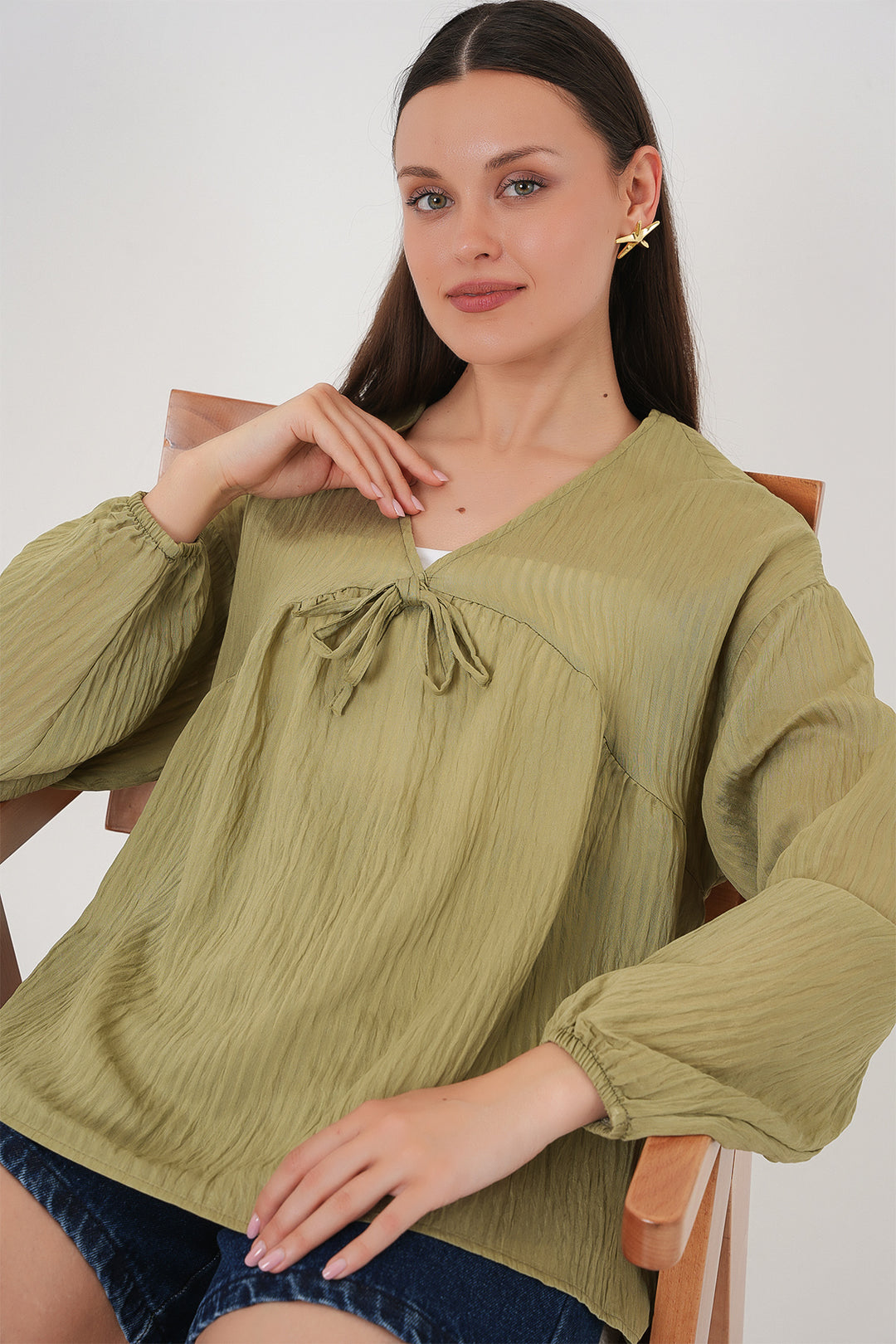 Bigdart Blouse à manches longues avec lacets devant pour femme 946 - Vert d'eau