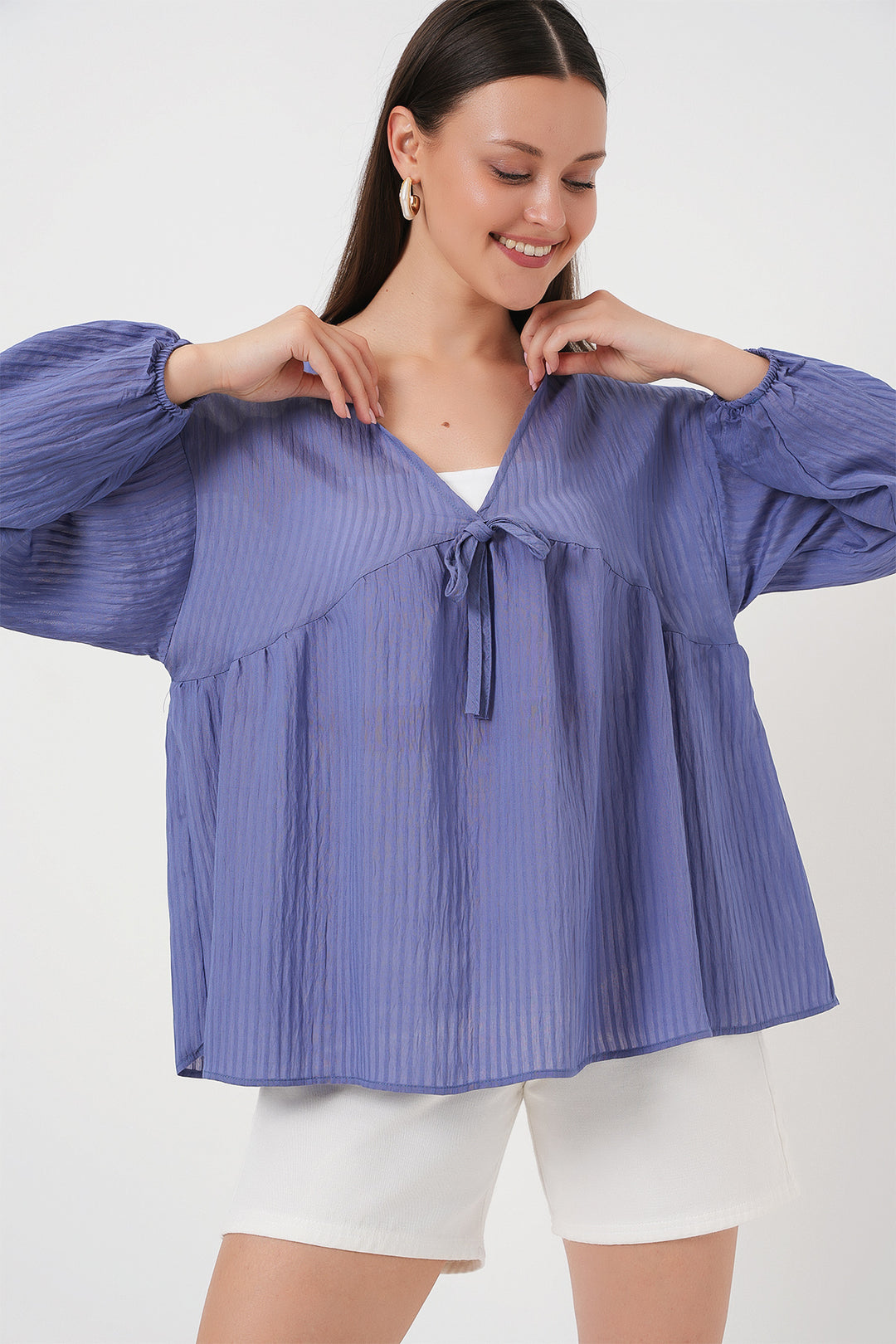 Bigdart Blouse à Manches Longues à Lacets pour Femme 946 - Indigo