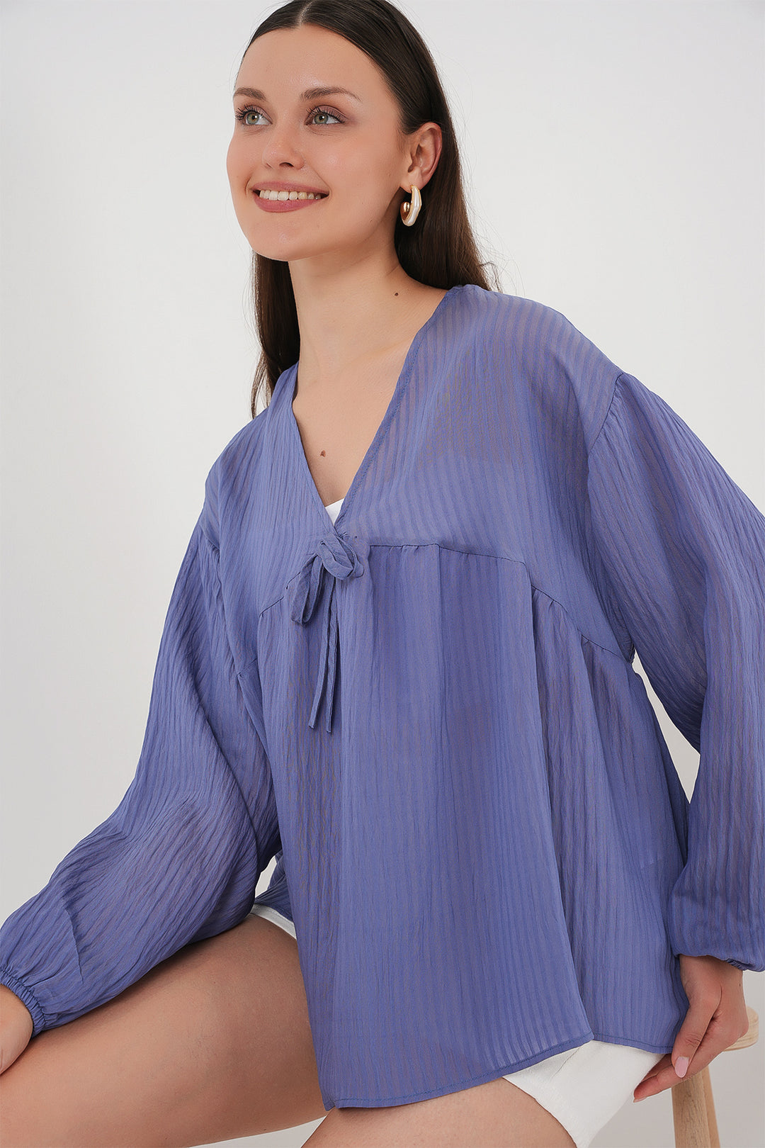 Bigdart Blouse à Manches Longues à Lacets pour Femme 946 - Indigo