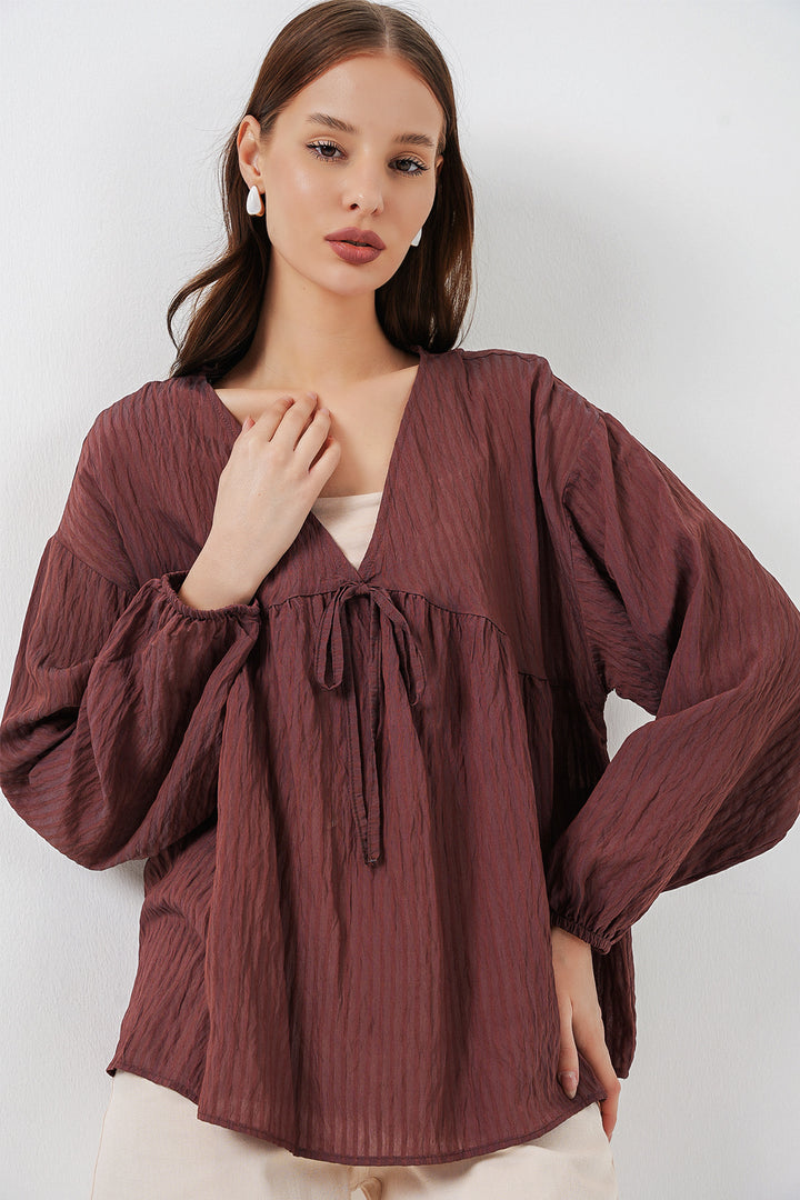 Bigdart Blouse à manches longues à lacets pour femme 946 - Marron