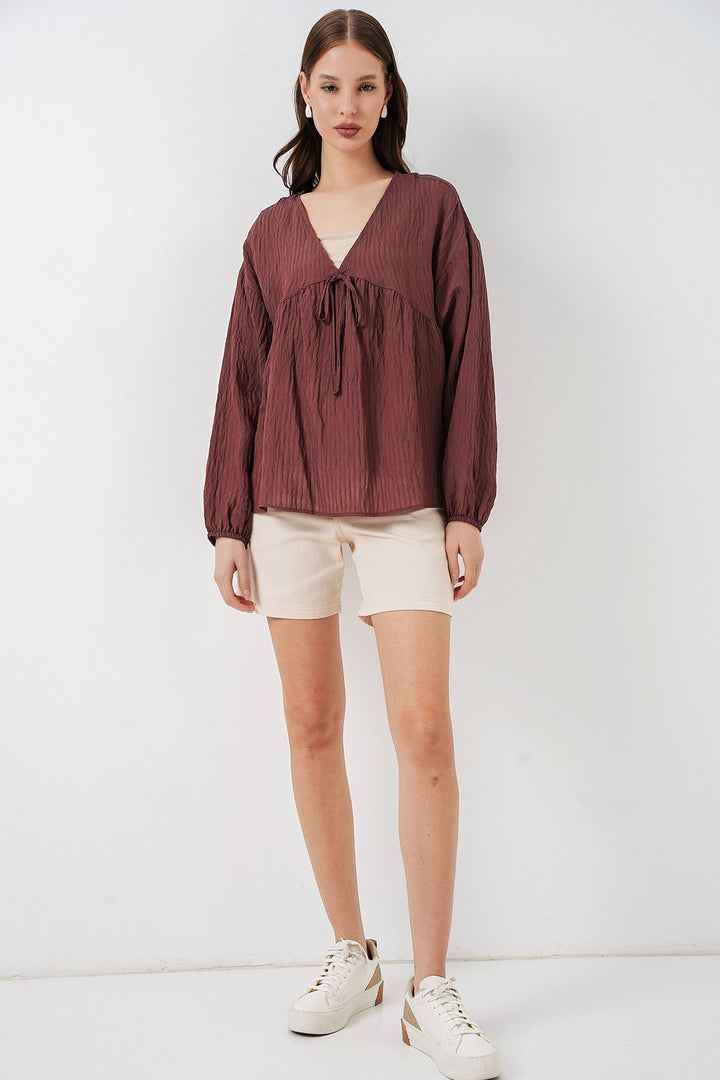 Bigdart Blouse à manches longues à lacets pour femme 946 - Marron