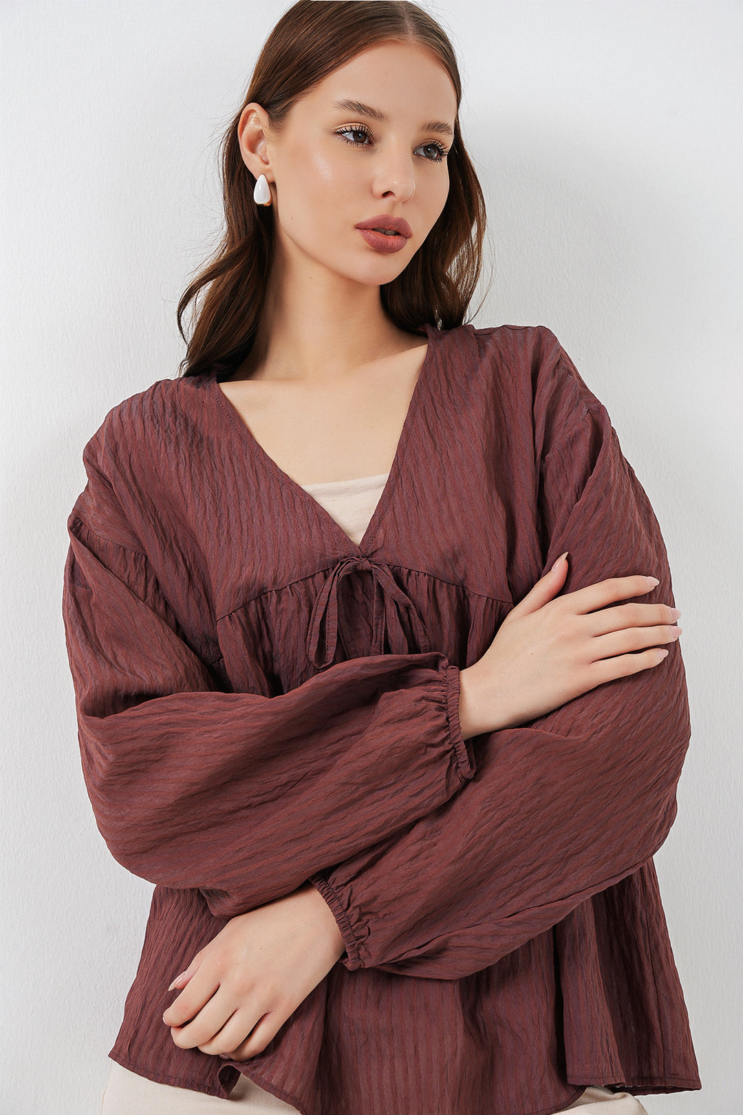 Bigdart Blouse à manches longues à lacets pour femme 946 - Marron