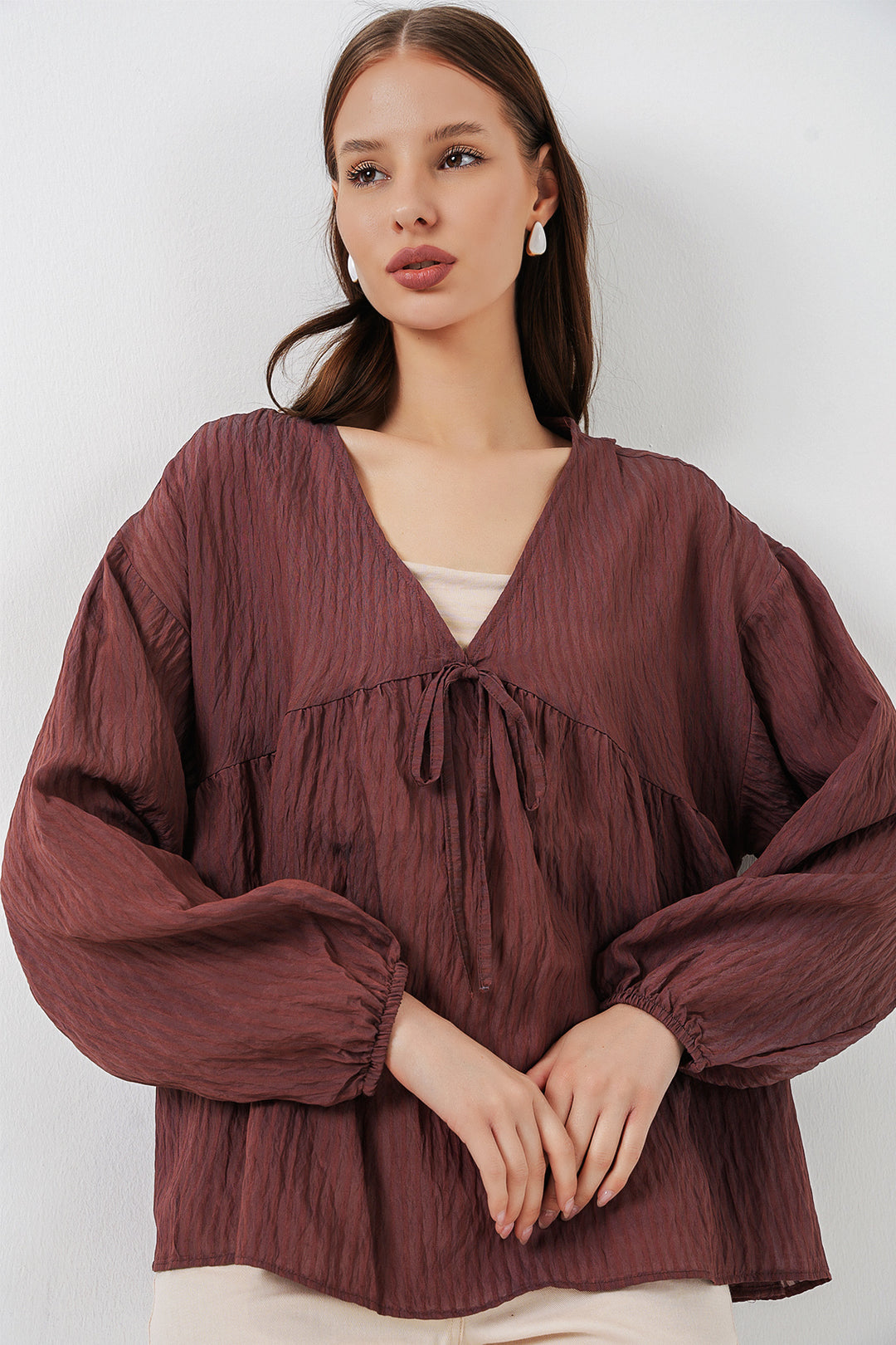 Bigdart Blouse à manches longues à lacets pour femme 946 - Marron