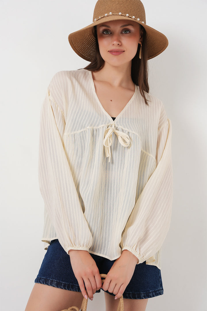 Bigdart Blouse à manches longues avec lacets devant pour femme 946 - Crème