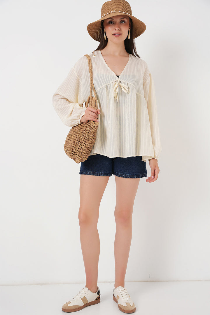 Bigdart Blouse à manches longues avec lacets devant pour femme 946 - Crème