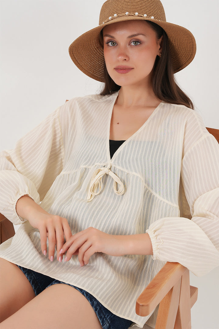 Bigdart Blouse à manches longues avec lacets devant pour femme 946 - Crème