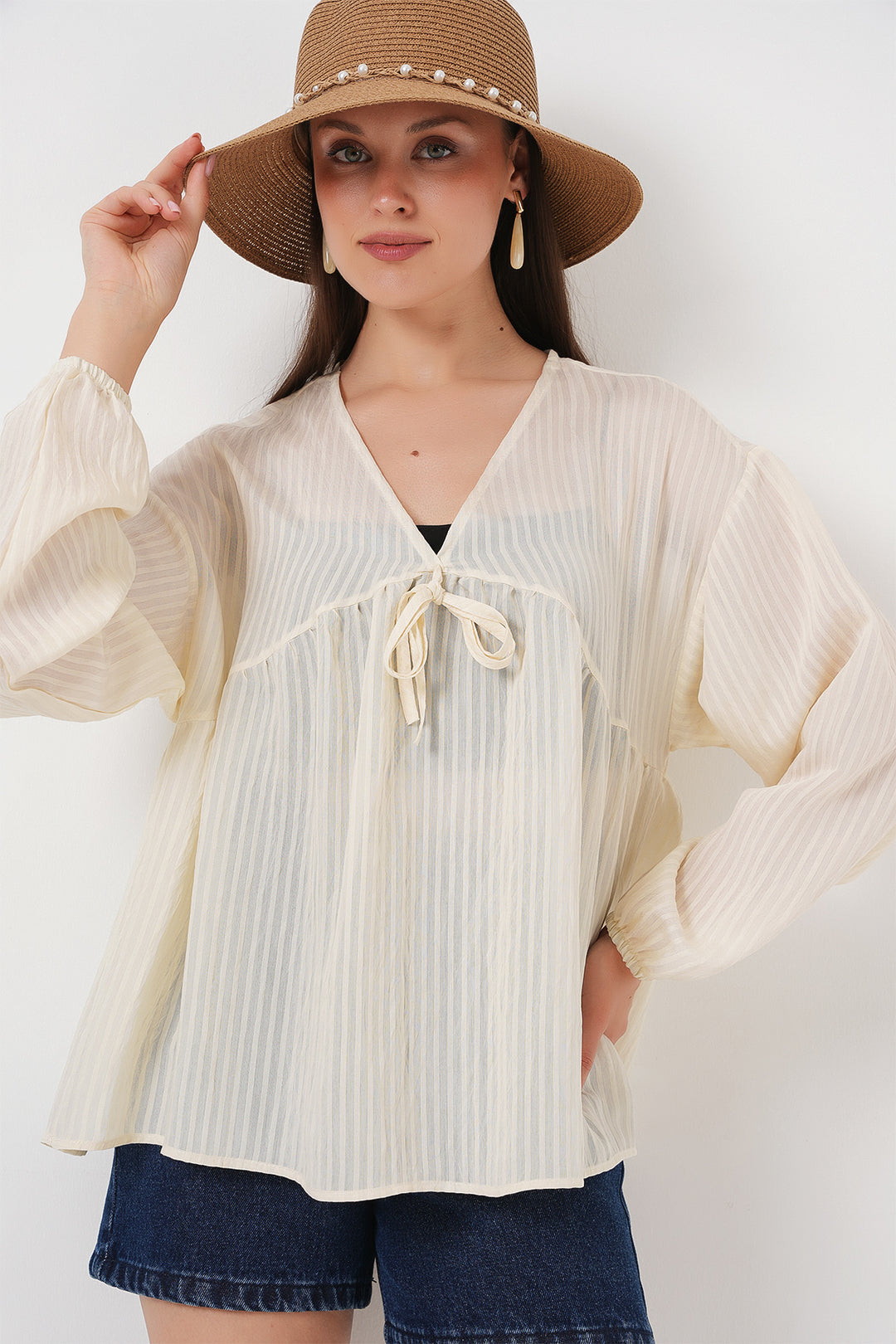 Bigdart Blouse à manches longues avec lacets devant pour femme 946 - Crème