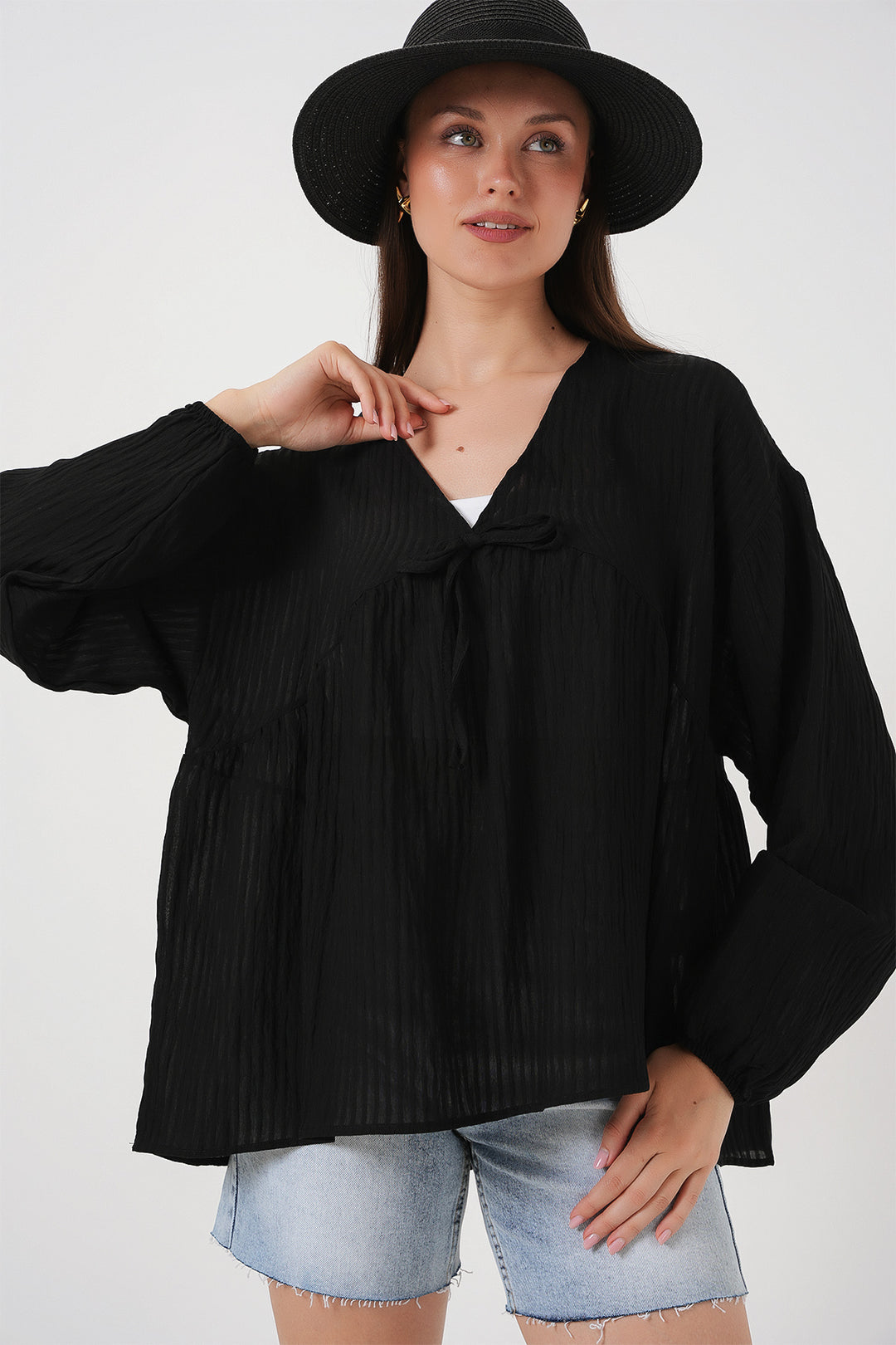 Bigdart Blouse à manches longues à lacets pour femme 946 - Noir