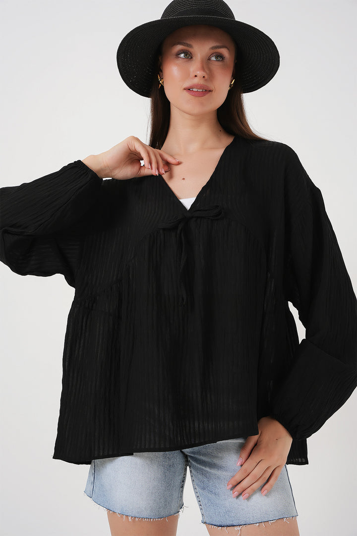 Bigdart Blouse à manches longues à lacets pour femme 946 - Noir