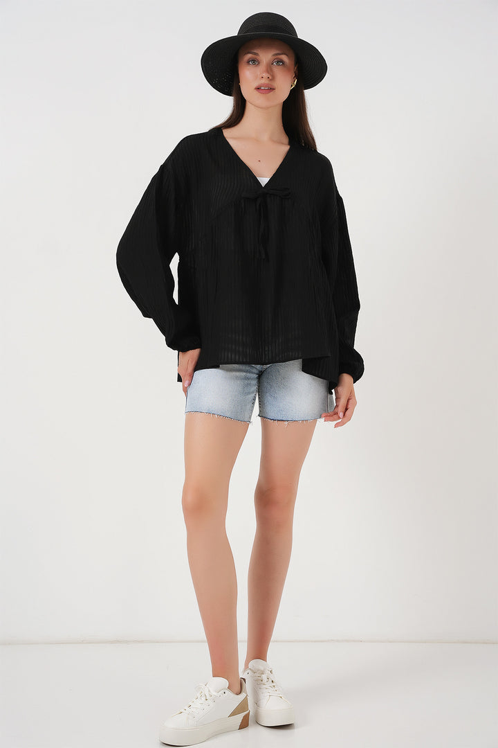 Bigdart Blouse à manches longues à lacets pour femme 946 - Noir