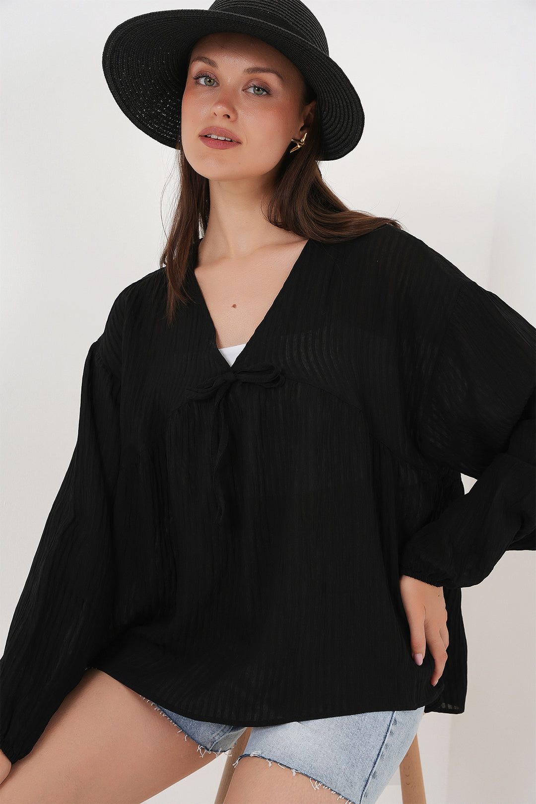 Bigdart Blouse à manches longues à lacets pour femme 946 - Noir