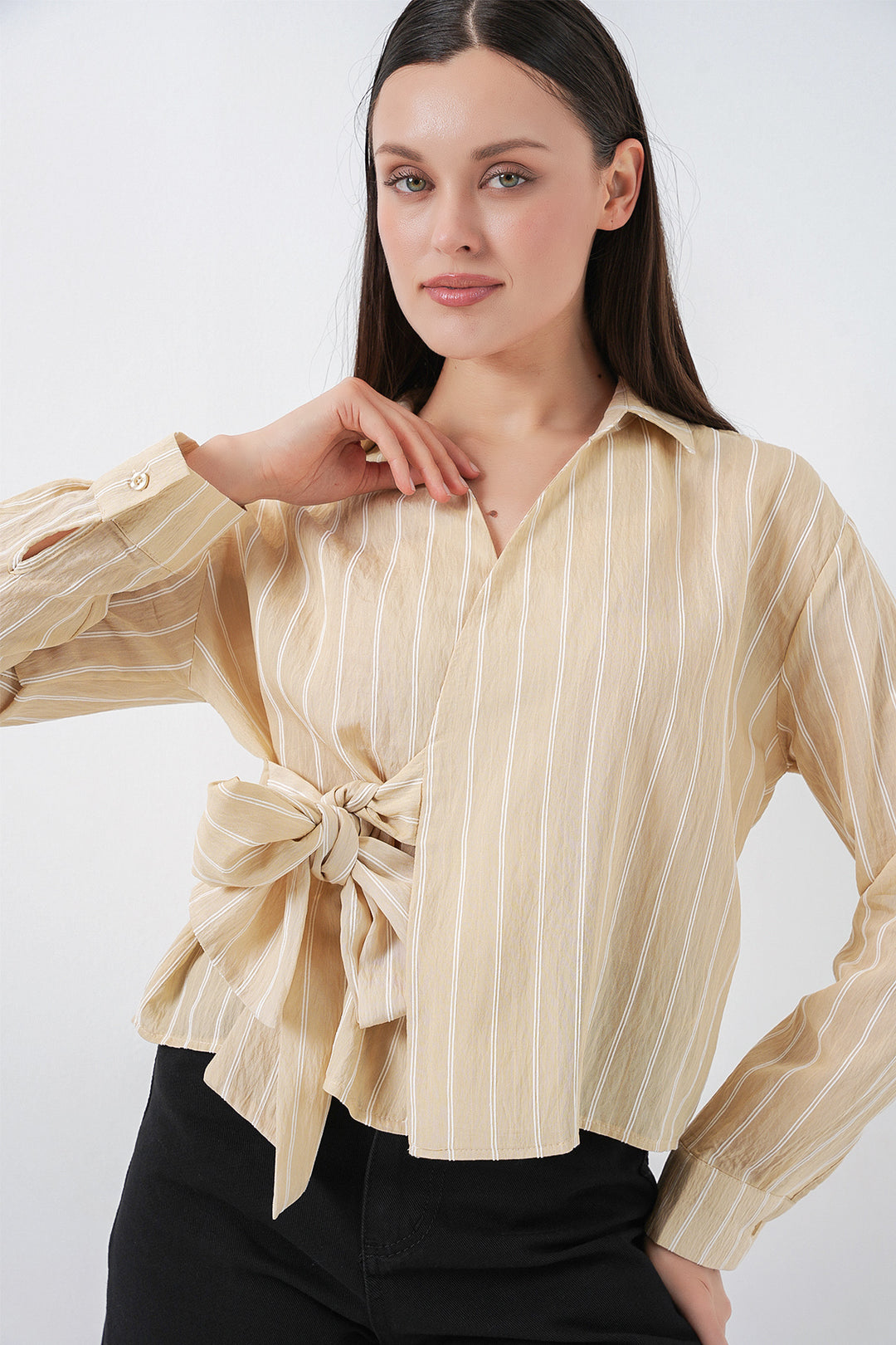 Bigdart Chemise rayée à nouer devant femme 20362 - Beige