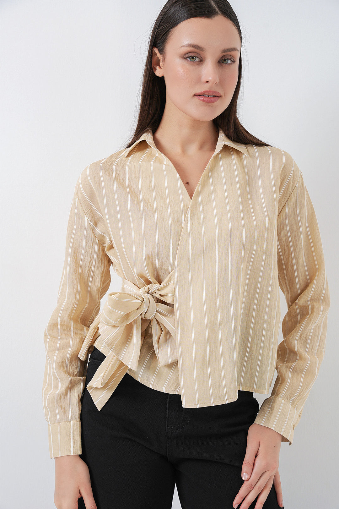 Bigdart Chemise rayée à nouer devant femme 20362 - Beige