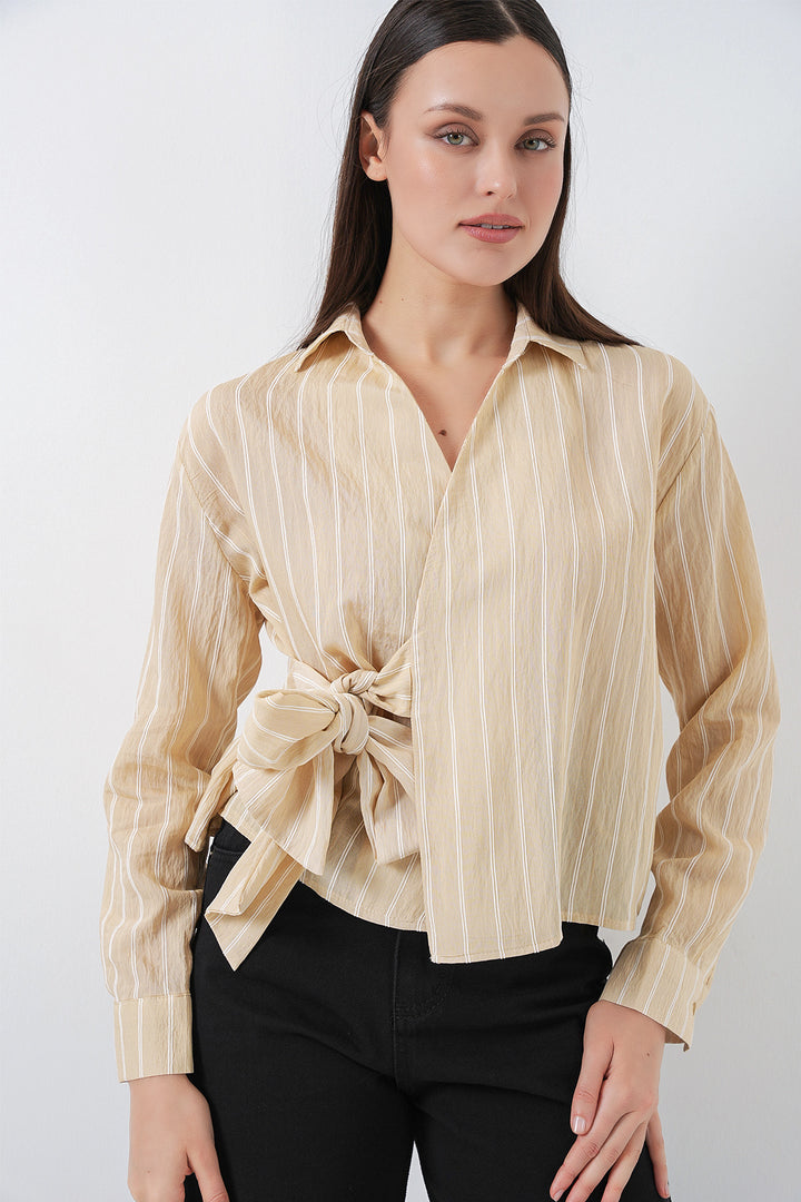 Bigdart Chemise rayée à nouer devant femme 20362 - Beige