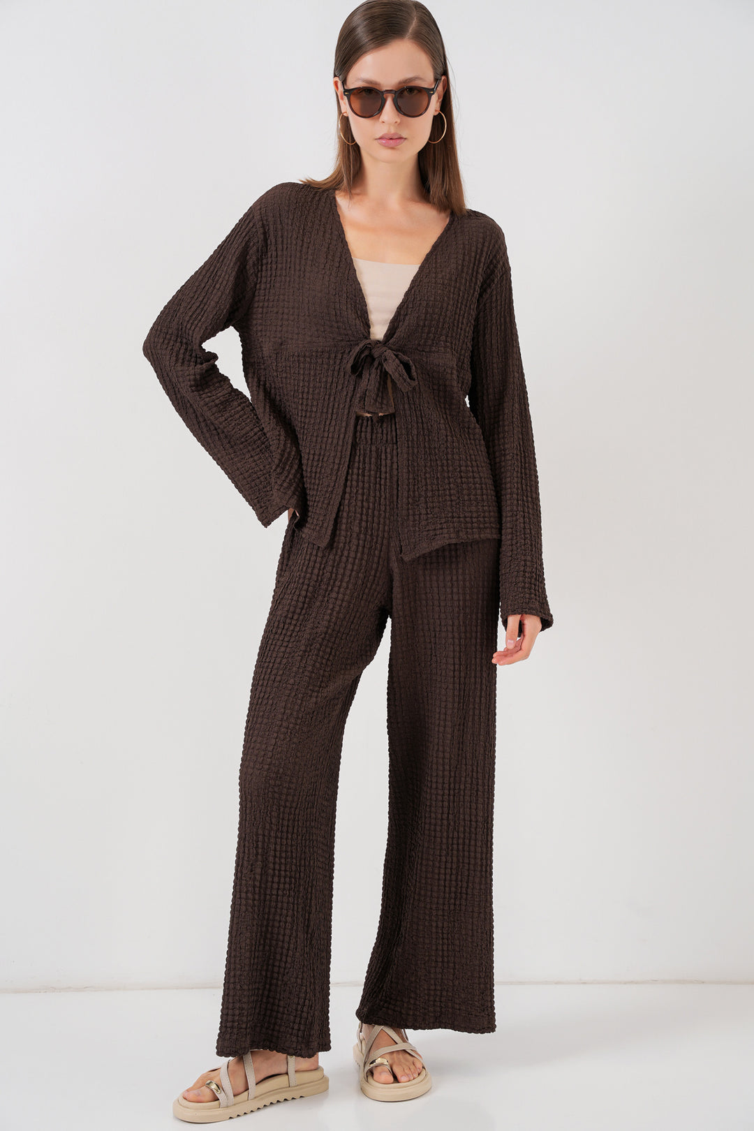 Bigdart Femme Ensemble Blouse et Pantalon Tricoté 30052 - Marron
