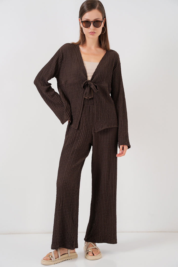 Bigdart Femme Ensemble Blouse et Pantalon Tricoté 30052 - Marron