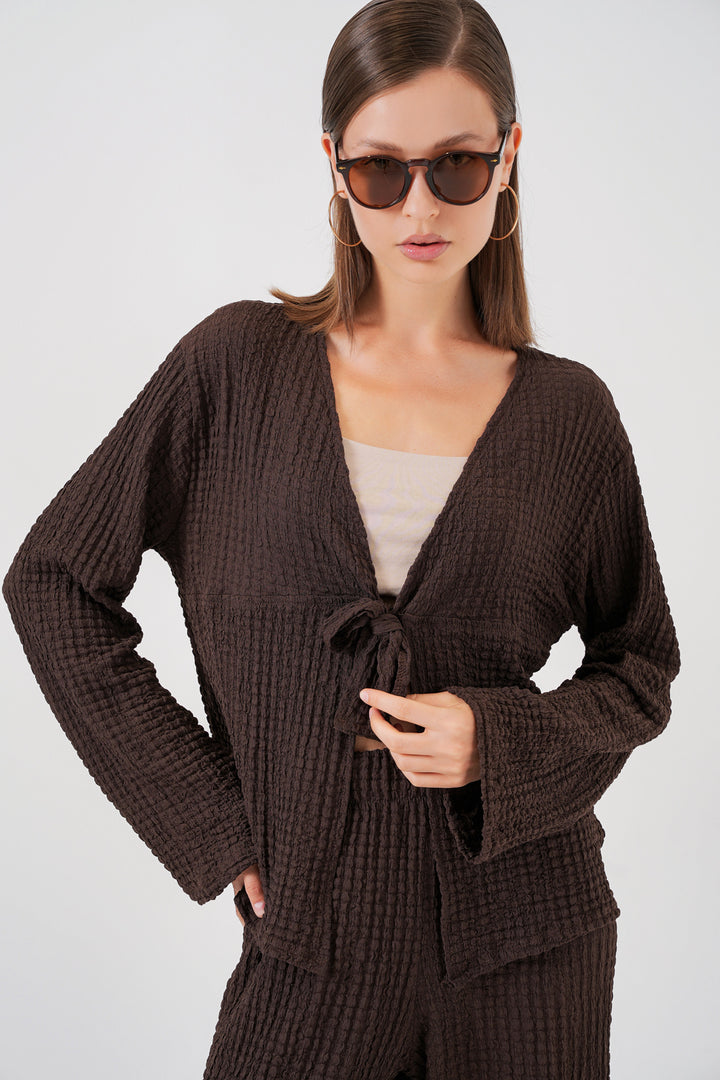 Bigdart Femme Ensemble Blouse et Pantalon Tricoté 30052 - Marron