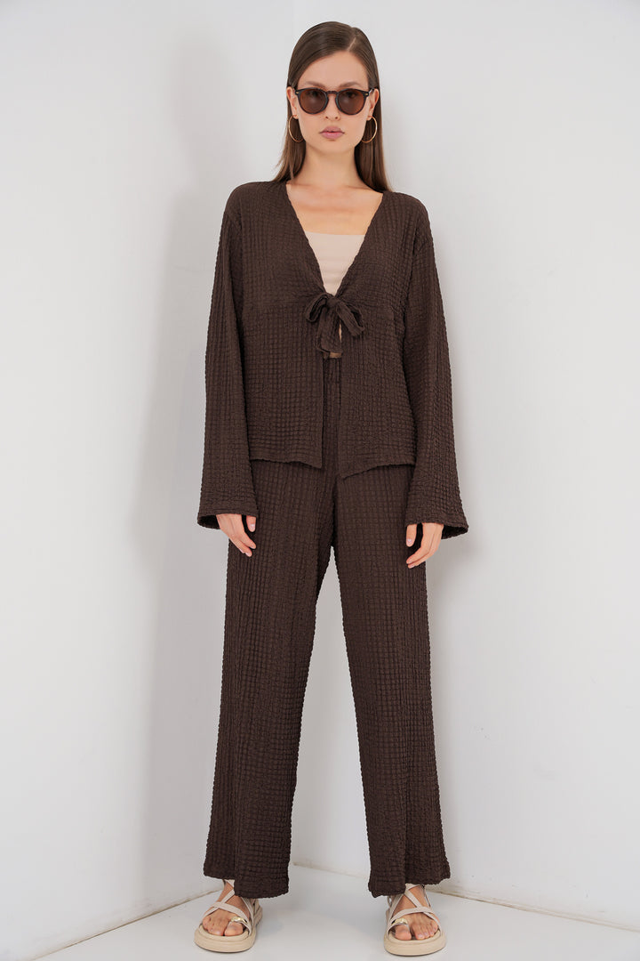 Bigdart Femme Ensemble Blouse et Pantalon Tricoté 30052 - Marron
