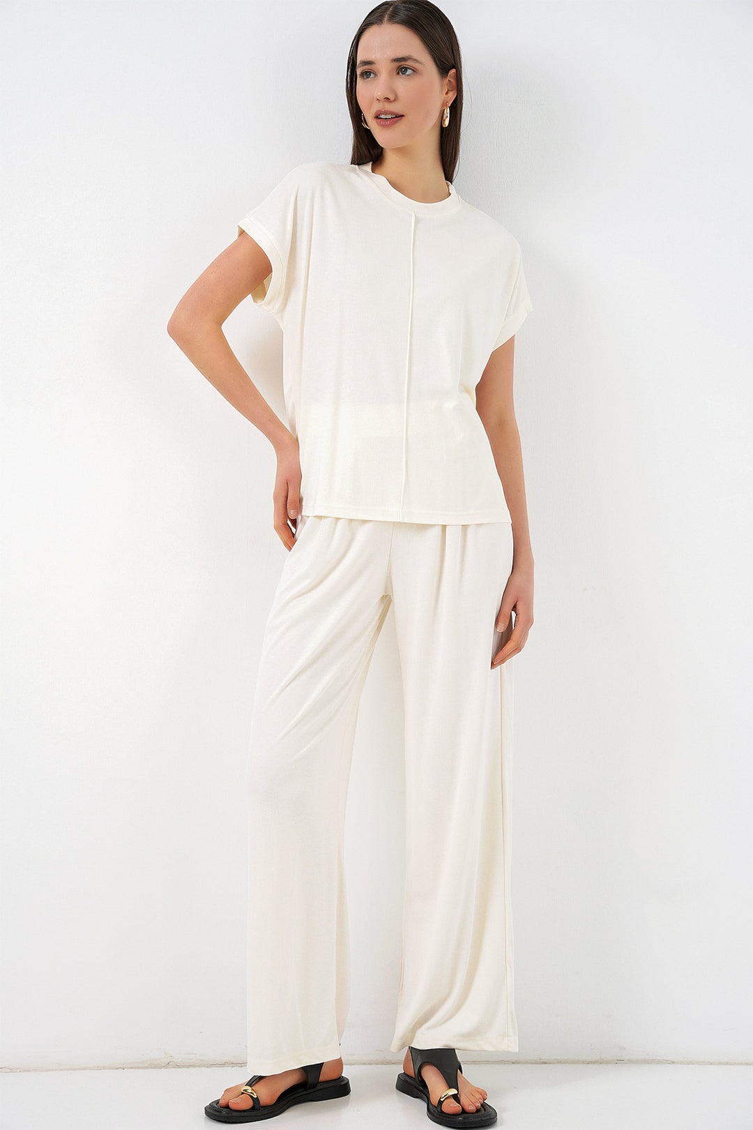 Bigdart Ensemble en tricot haut et pantalon femme 30085 - Blanc