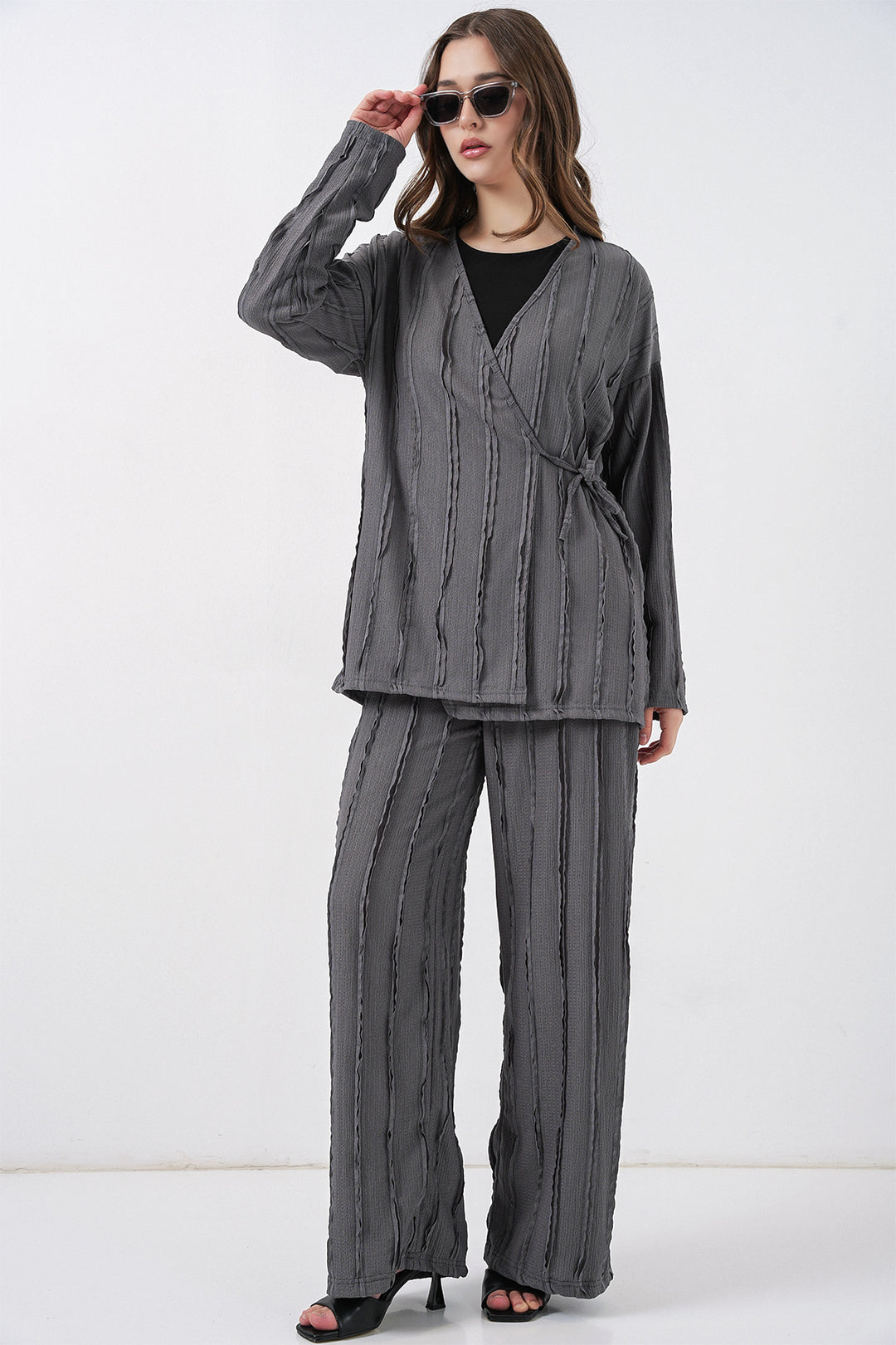 Bigdart Ensemble pantalon kimono tricoté pour femme 30067 - Gris