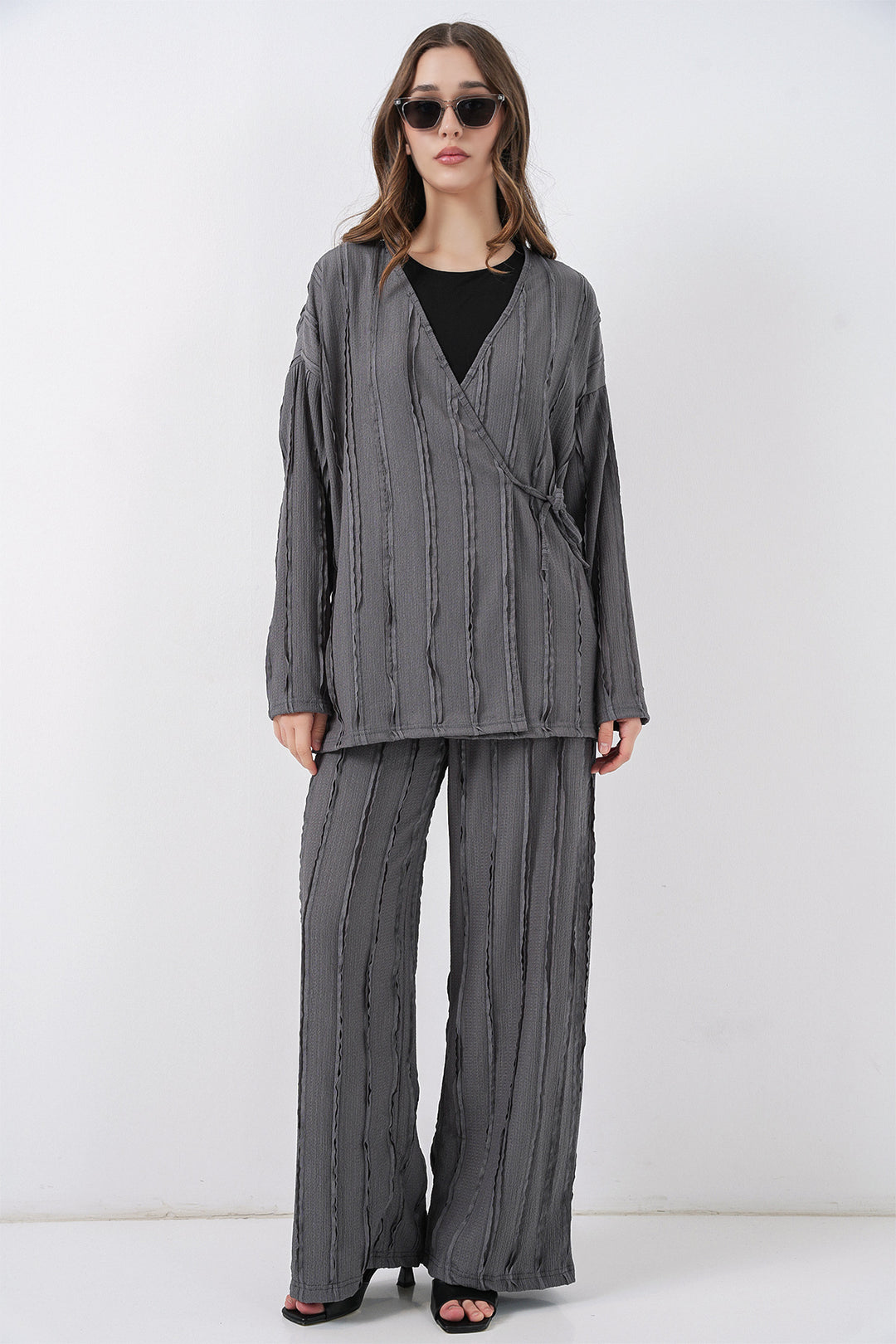 Bigdart Ensemble pantalon kimono tricoté pour femme 30067 - Gris
