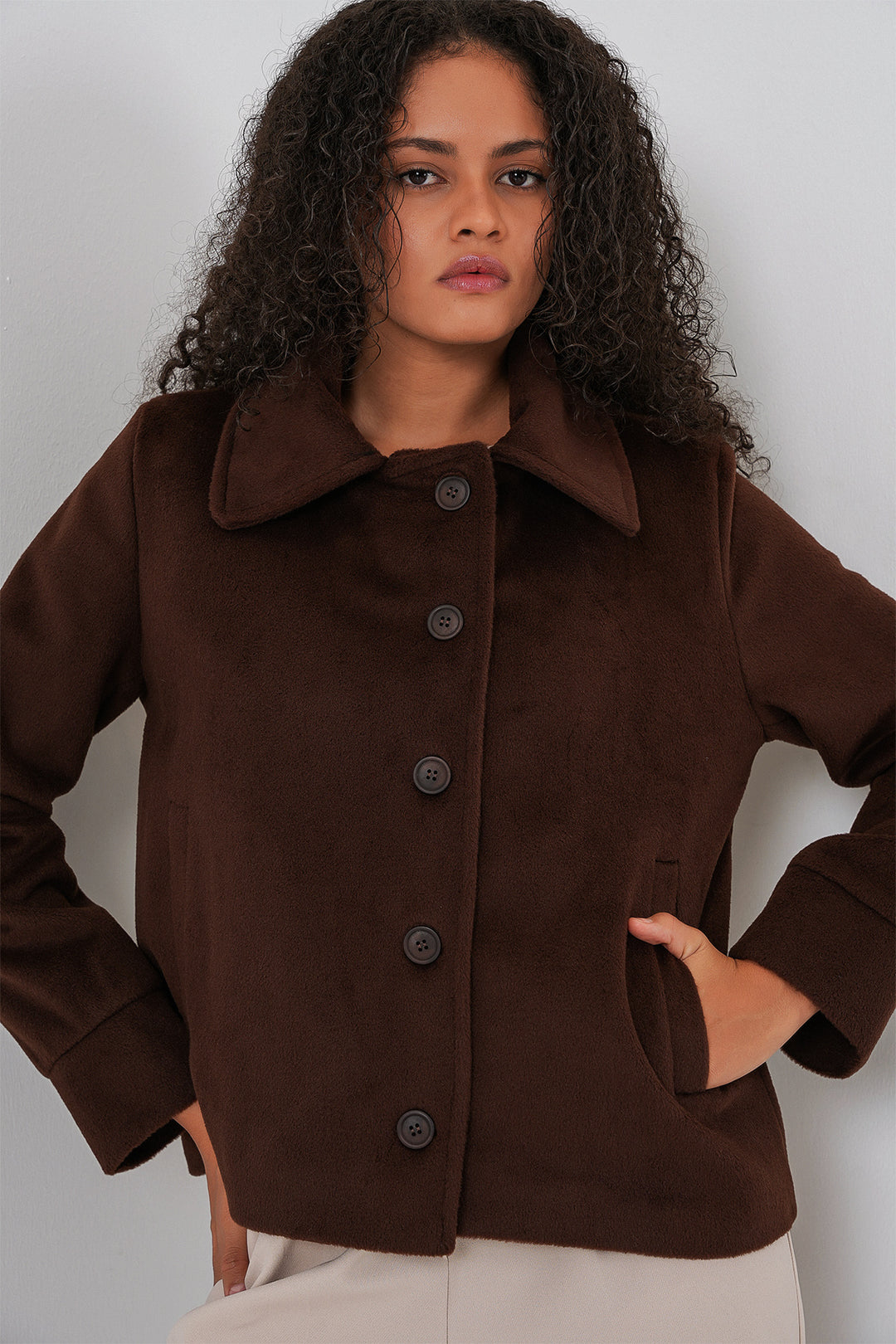 Bigdart Veste courte en laine à doublure oversize pour femme 0726 - Marron