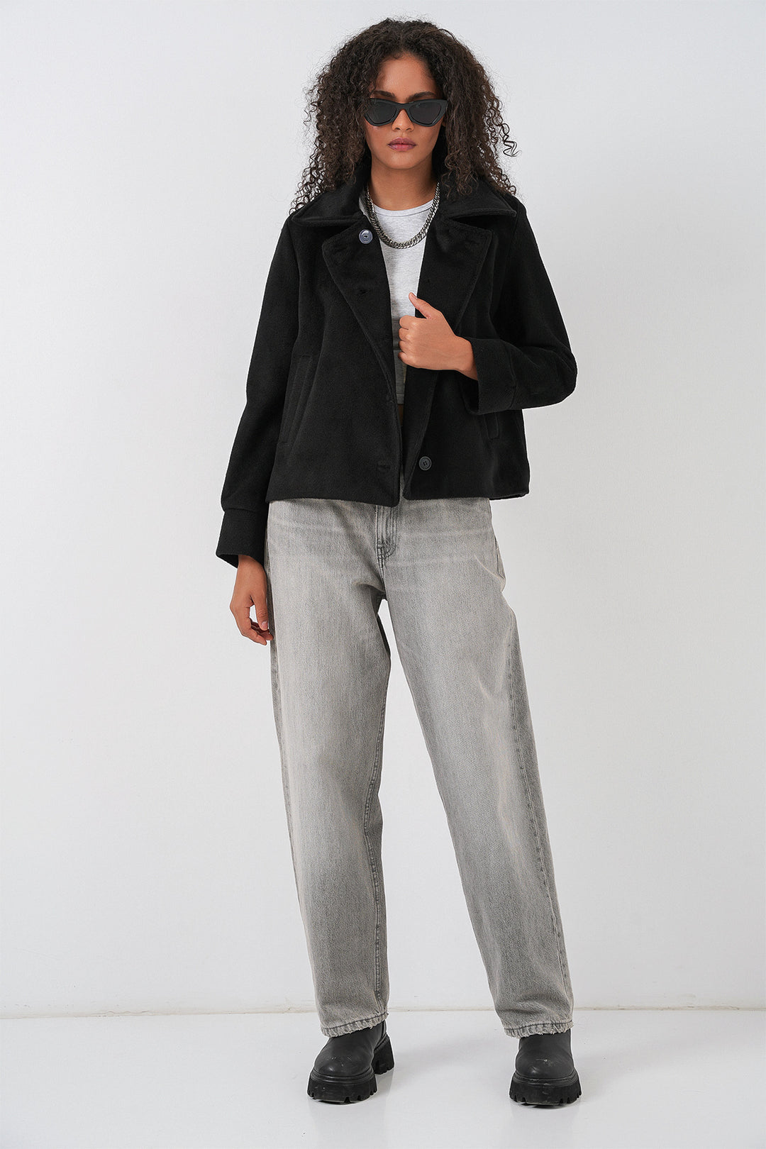 Bigdart Veste courte en laine à doublure oversize pour femme 0726 - Noir