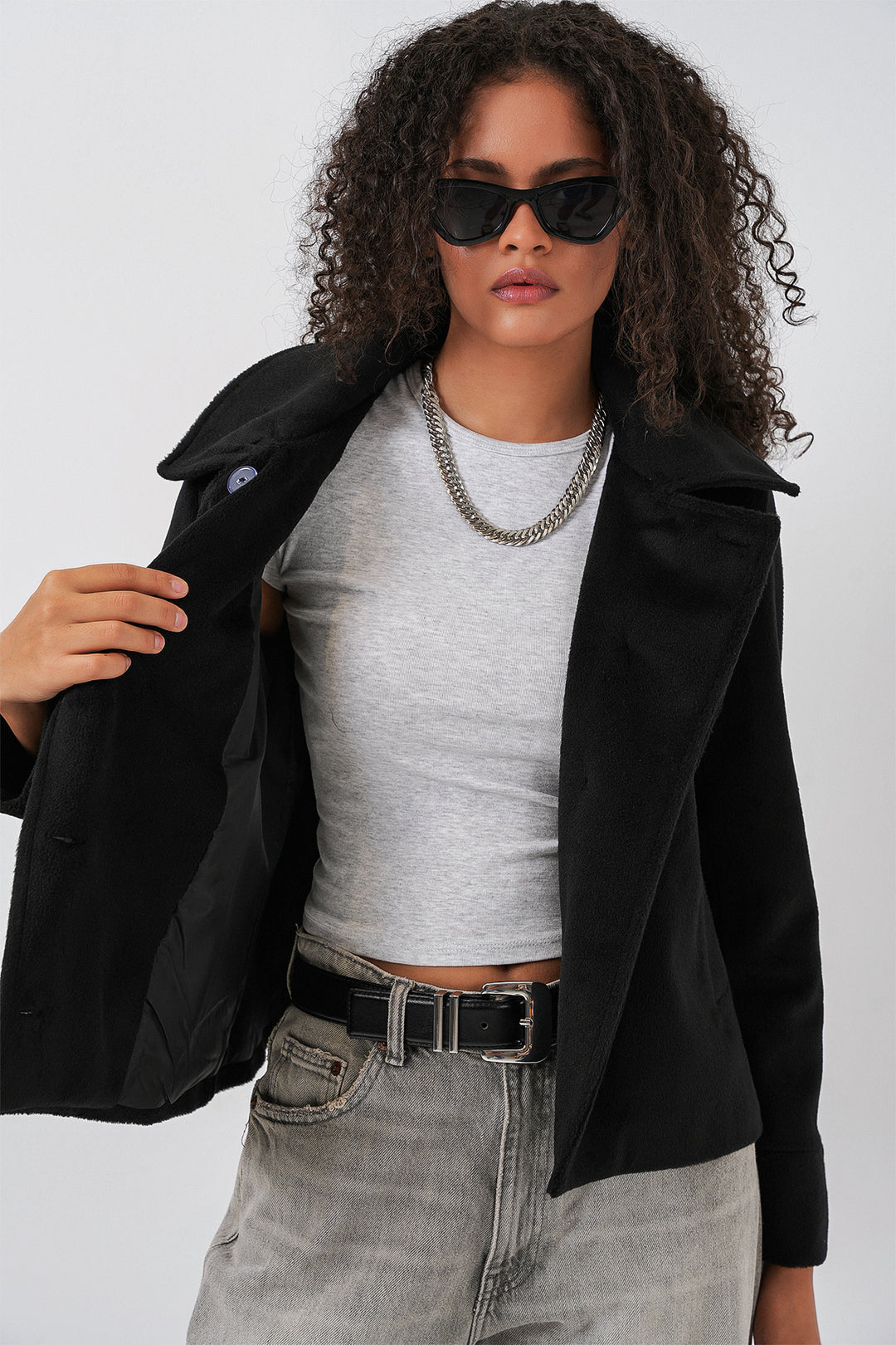 Bigdart Veste courte en laine à doublure oversize pour femme 0726 - Noir