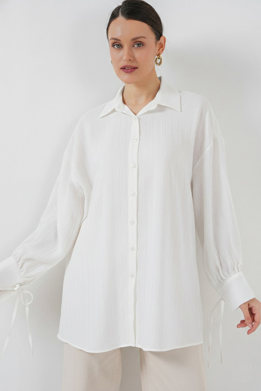 Bigdart Kadın Oversize Bağcıklı Gömlek 5954 - Blanc