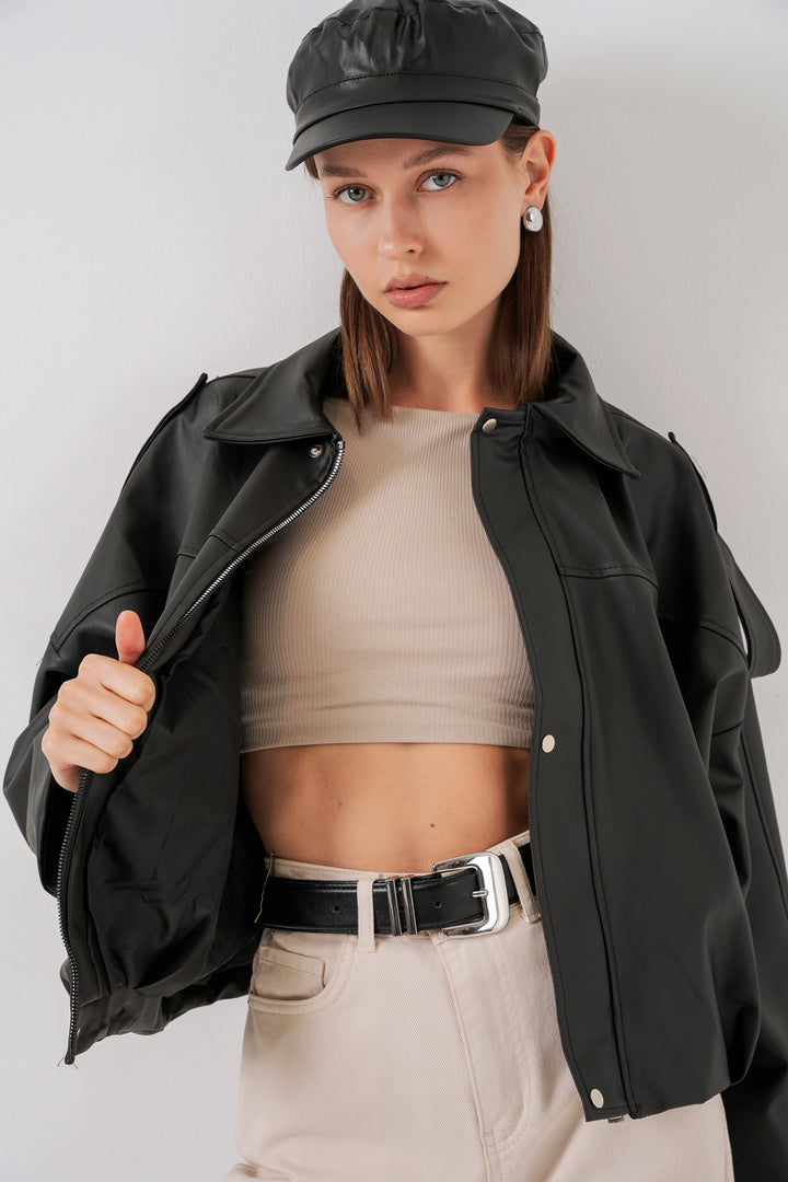Bigdart Veste en cuir oversize pour femme 1055 - Noir