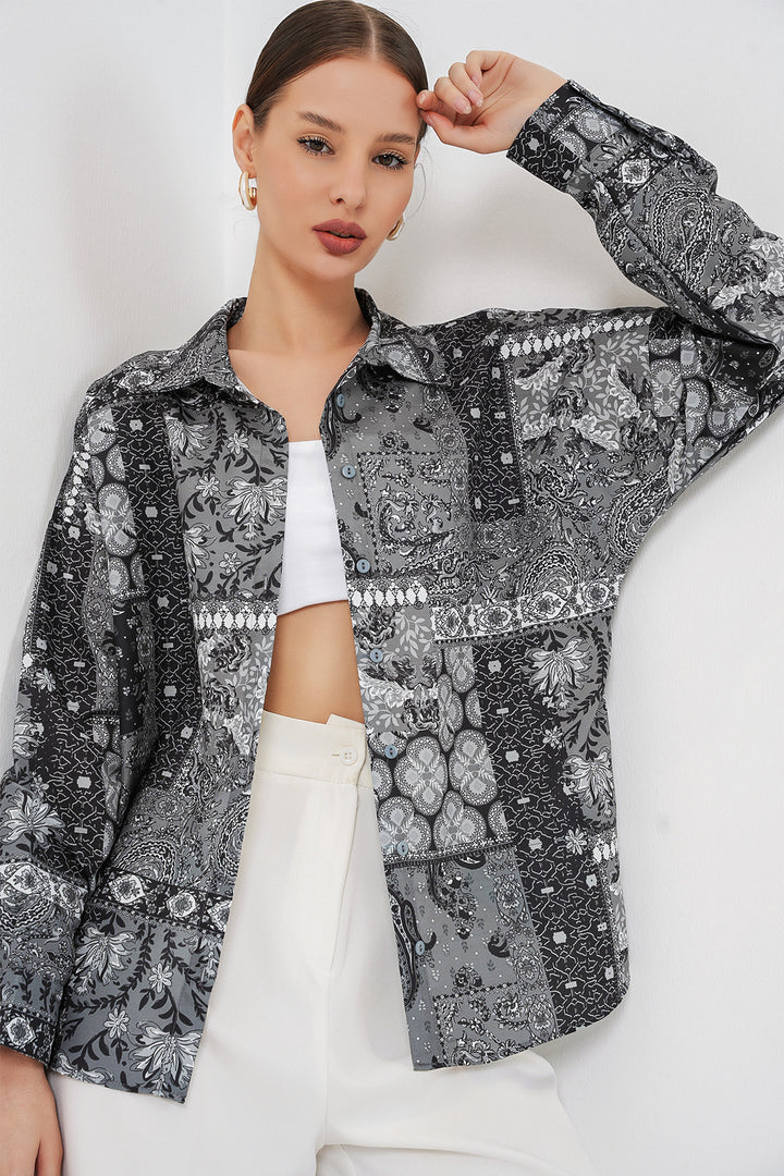 Bigdart Chemise satinée oversize à motifs femme 20365 - Anthracite