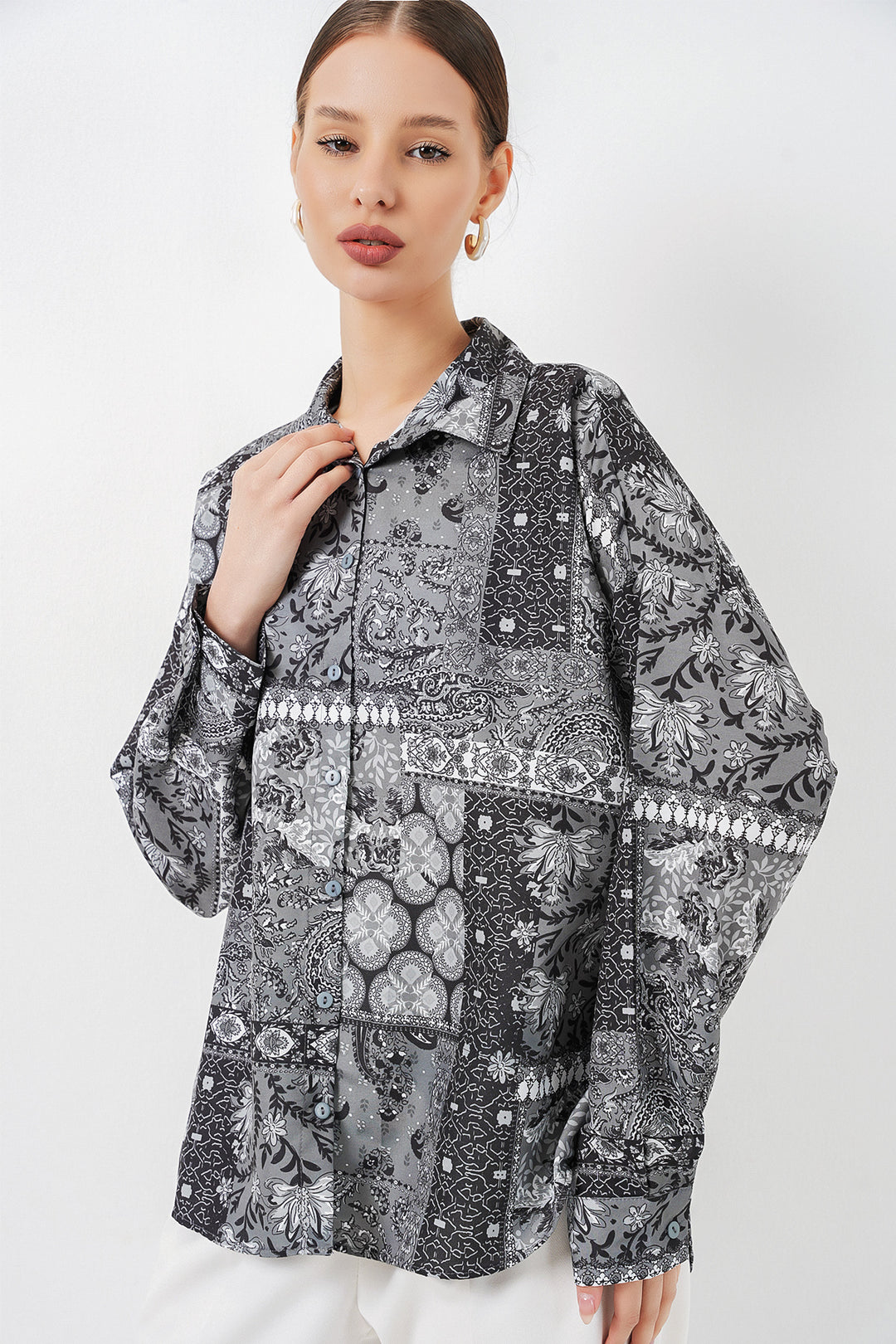 Bigdart Chemise satinée oversize à motifs femme 20365 - Anthracite