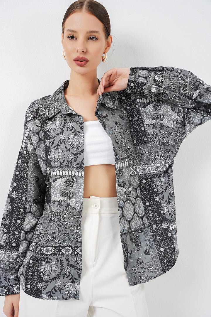 Bigdart Chemise satinée oversize à motifs femme 20365 - Anthracite