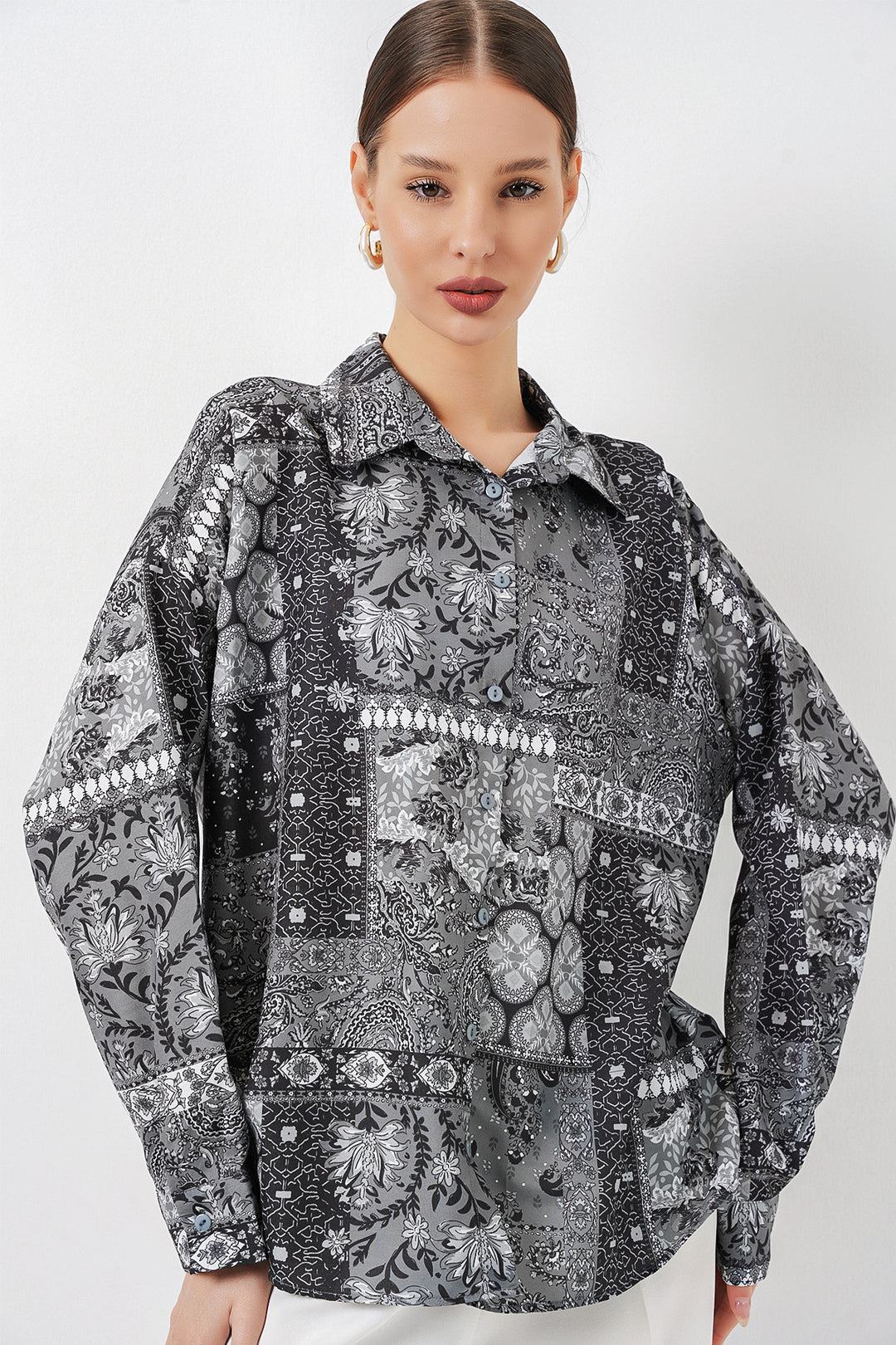 Bigdart Chemise satinée oversize à motifs femme 20365 - Anthracite