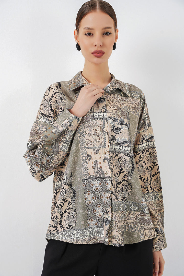Bigdart Chemise satinée oversize à motifs femme 20365 - Vert d'eau