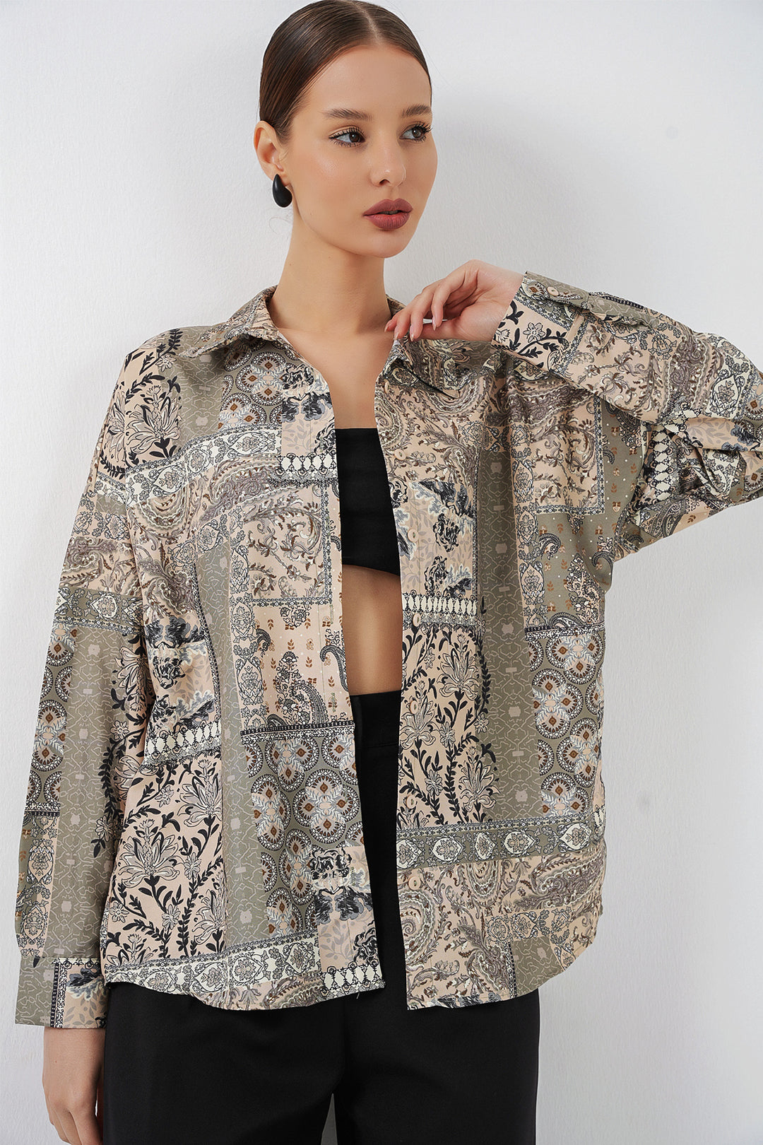 Bigdart Chemise satinée oversize à motifs femme 20365 - Vert d'eau