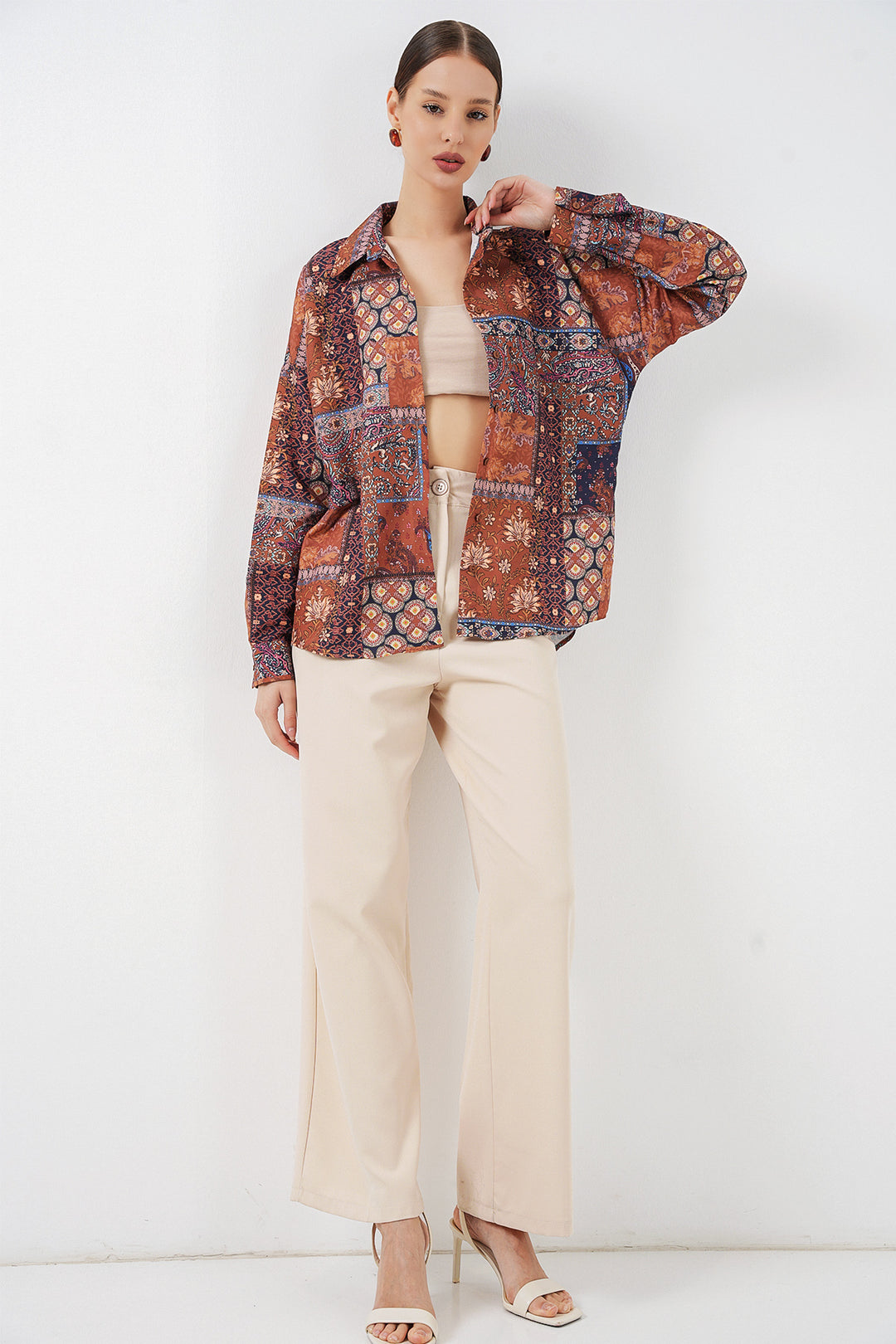 Bigdart Chemise satinée oversize à motifs femme 20365 - Terre cuite