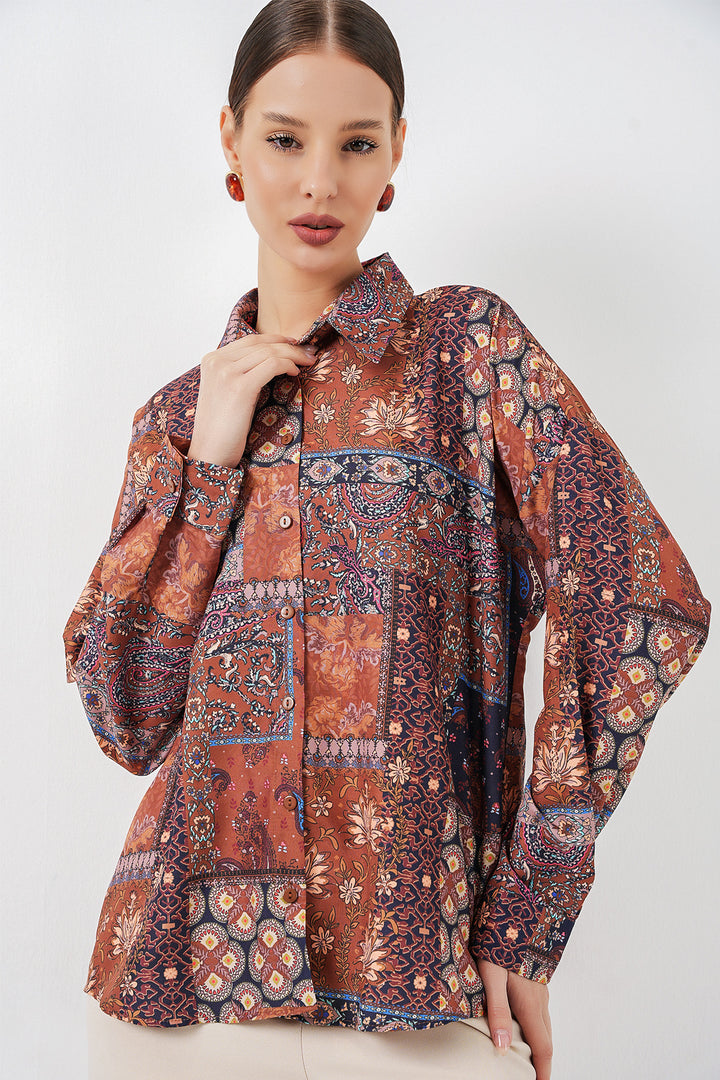 Bigdart Chemise satinée oversize à motifs femme 20365 - Terre cuite