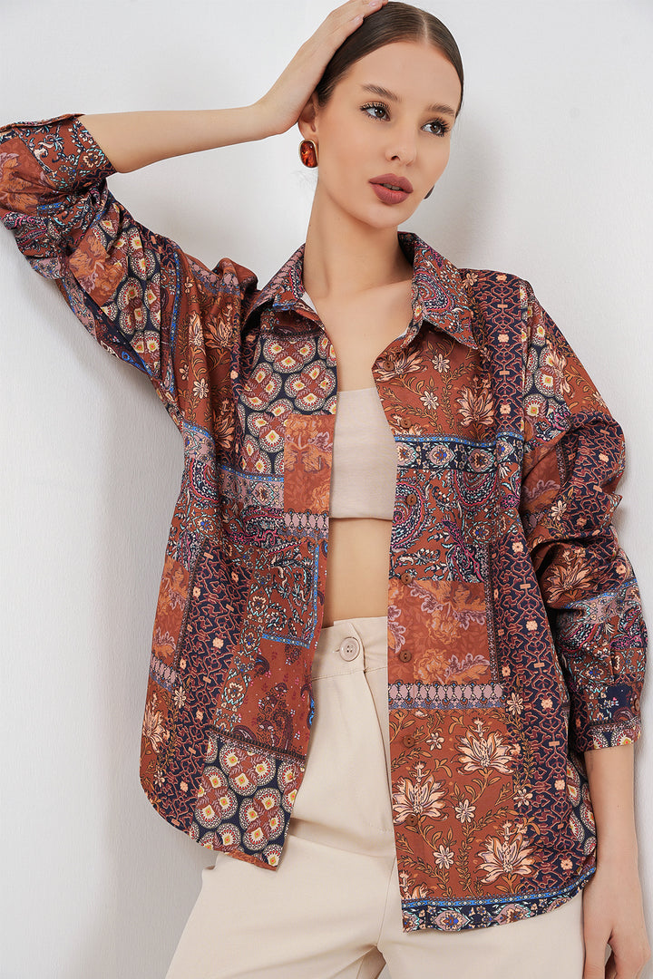 Bigdart Chemise satinée oversize à motifs femme 20365 - Terre cuite