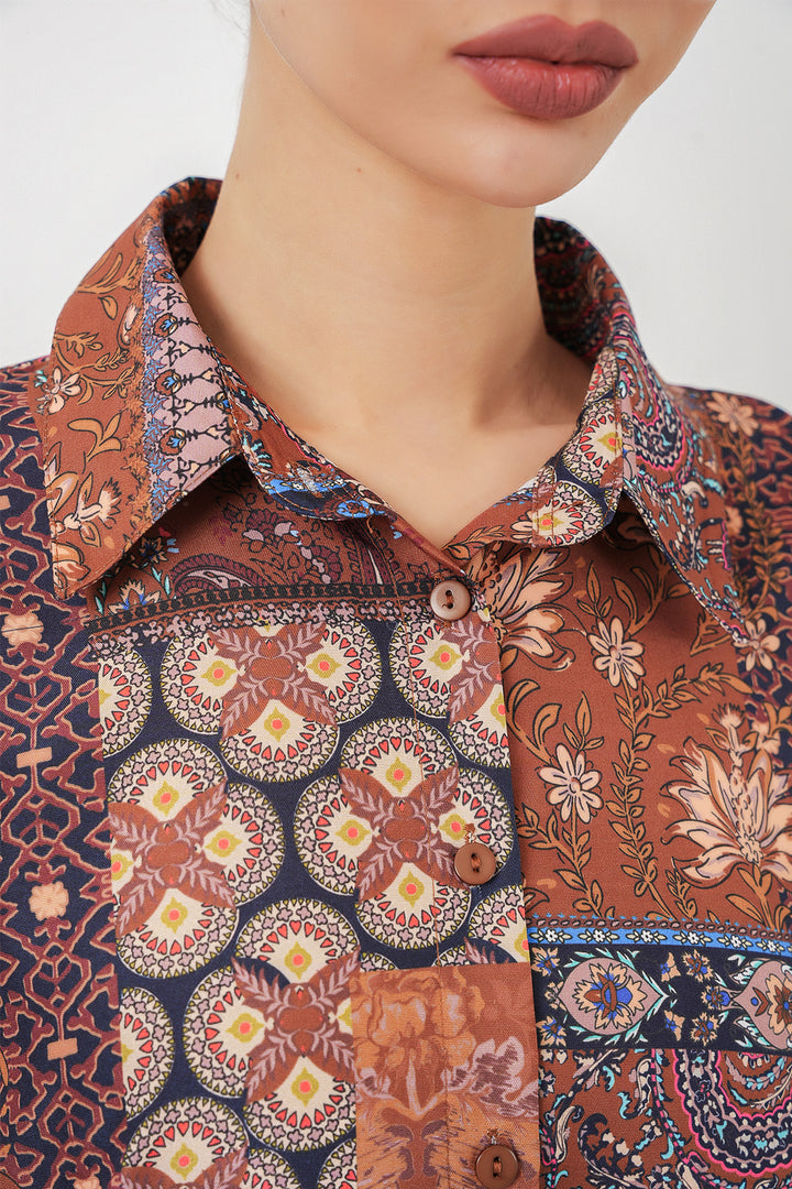 Bigdart Chemise satinée oversize à motifs femme 20365 - Terre cuite