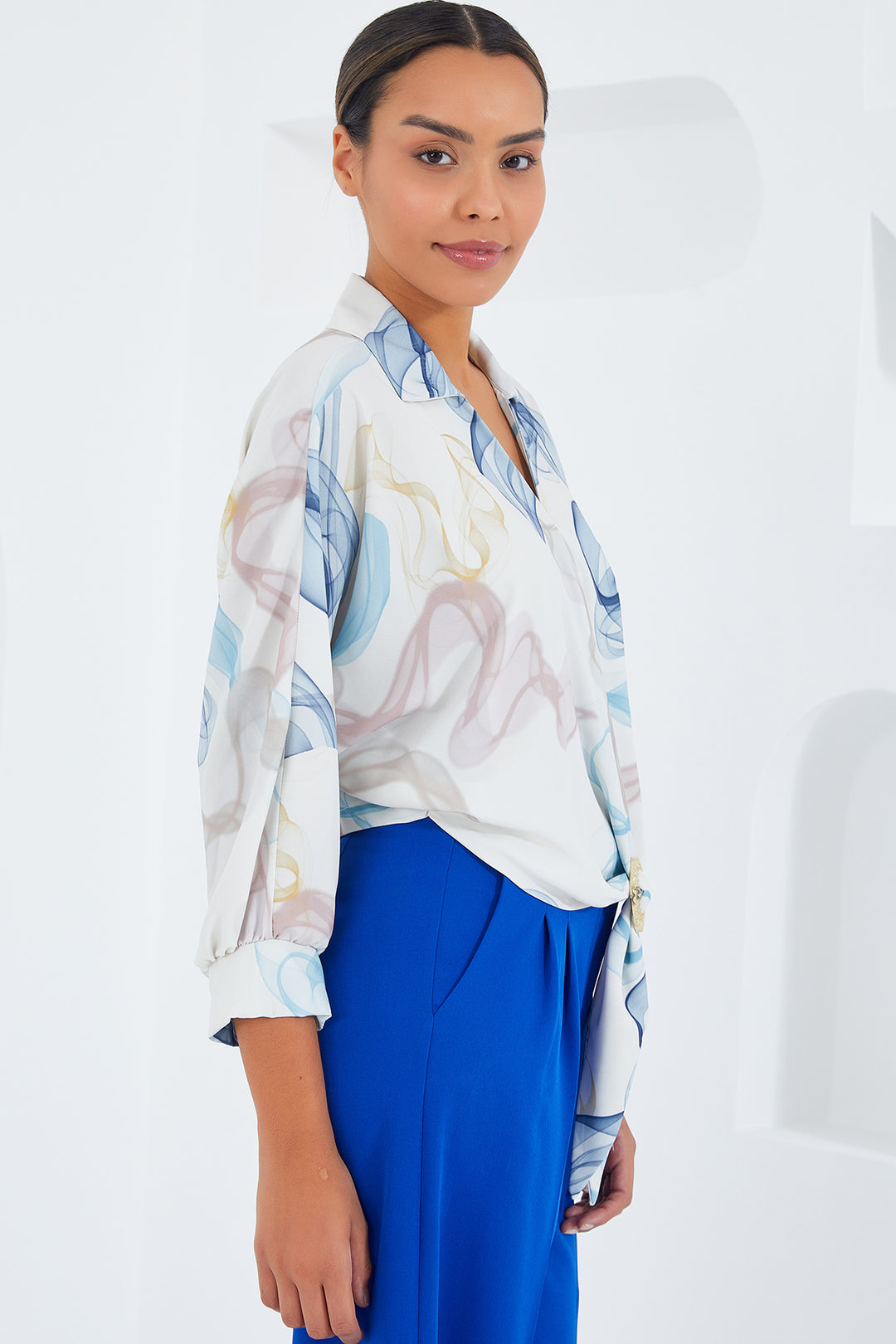Bigdart Chemise crop satin oversize drapée pour femme 906 - Bleu