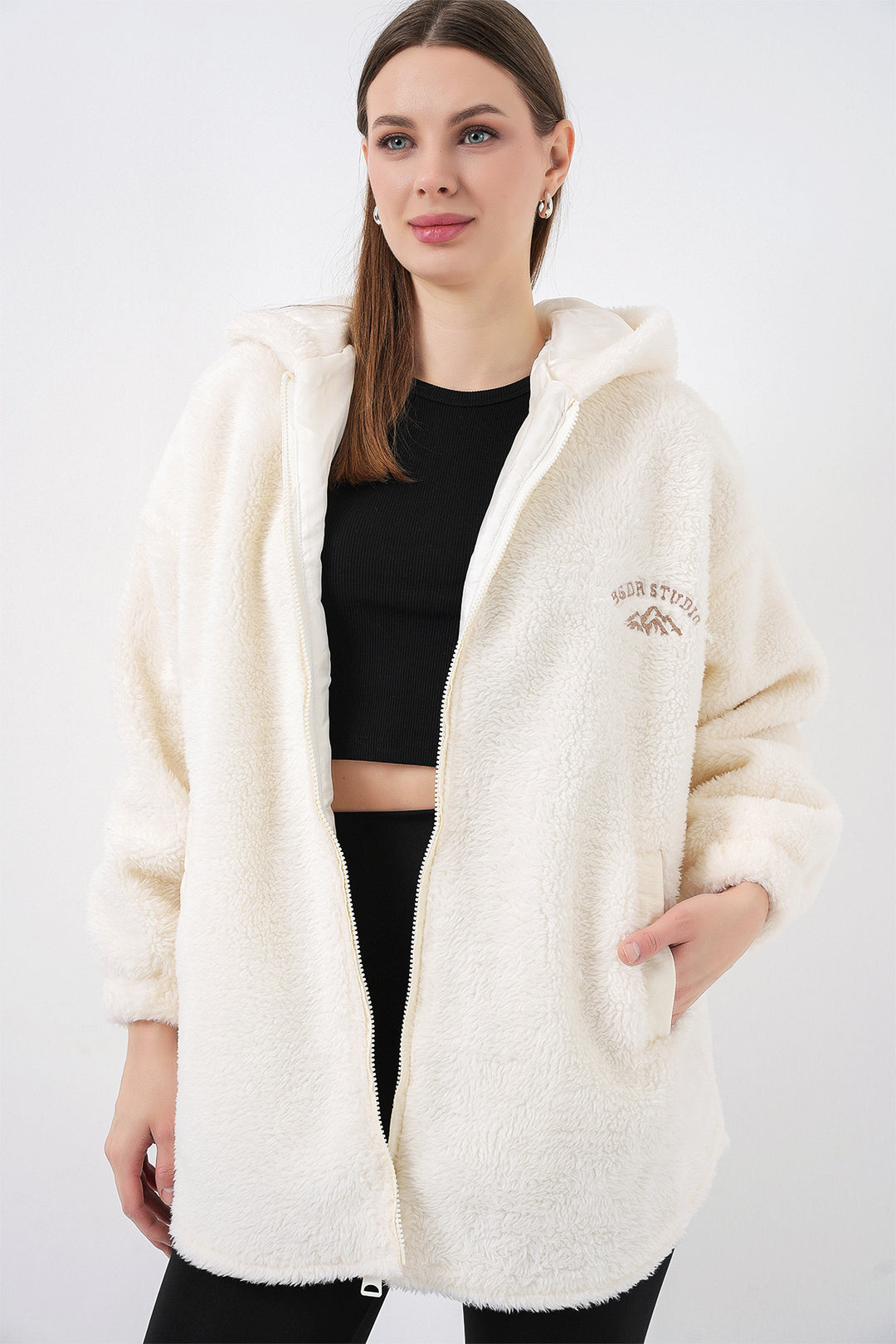 Bigdart Femme Manteau Oversize à Capuche en Peluche 5207 - Écru