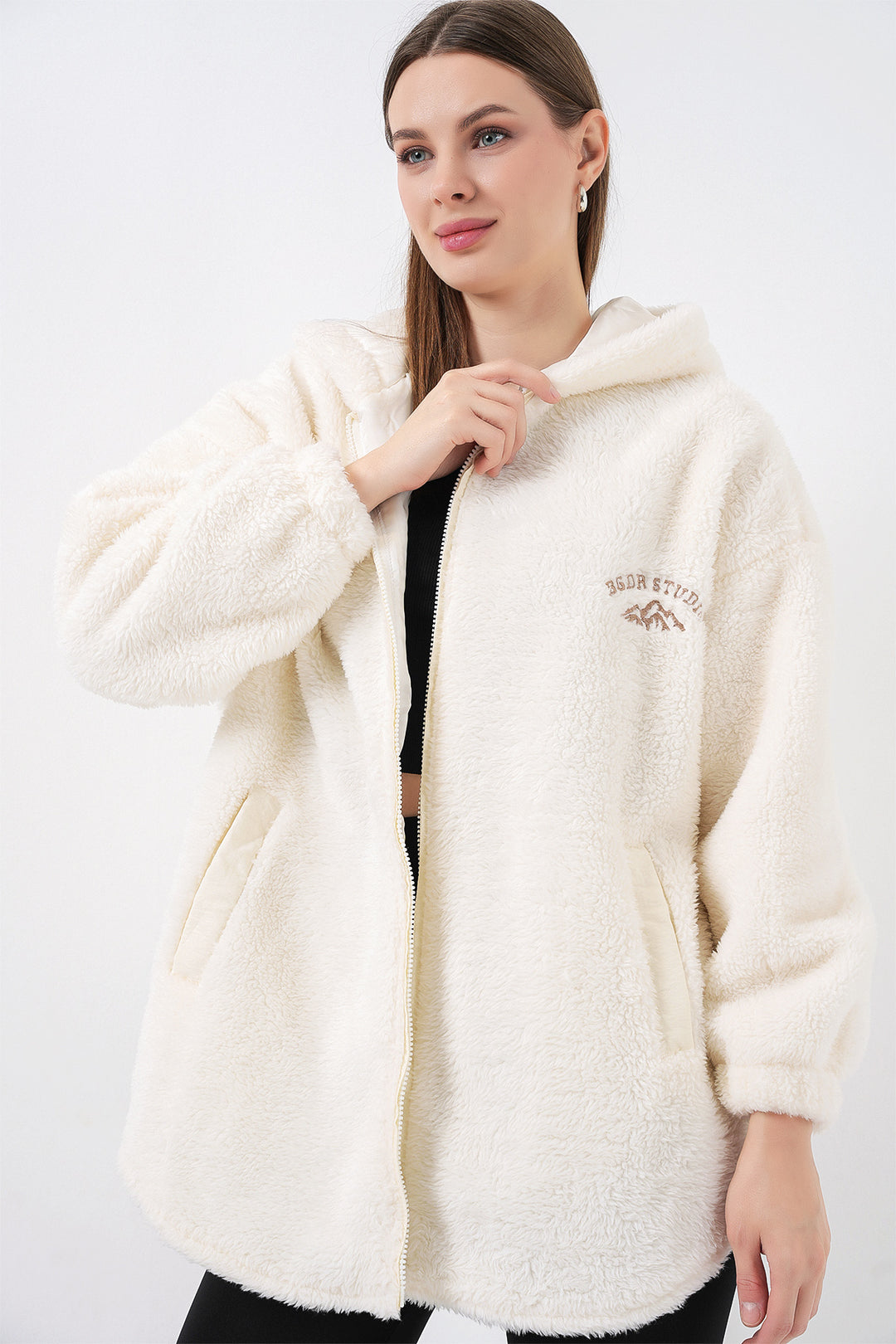 Bigdart Femme Manteau Oversize à Capuche en Peluche 5207 - Écru