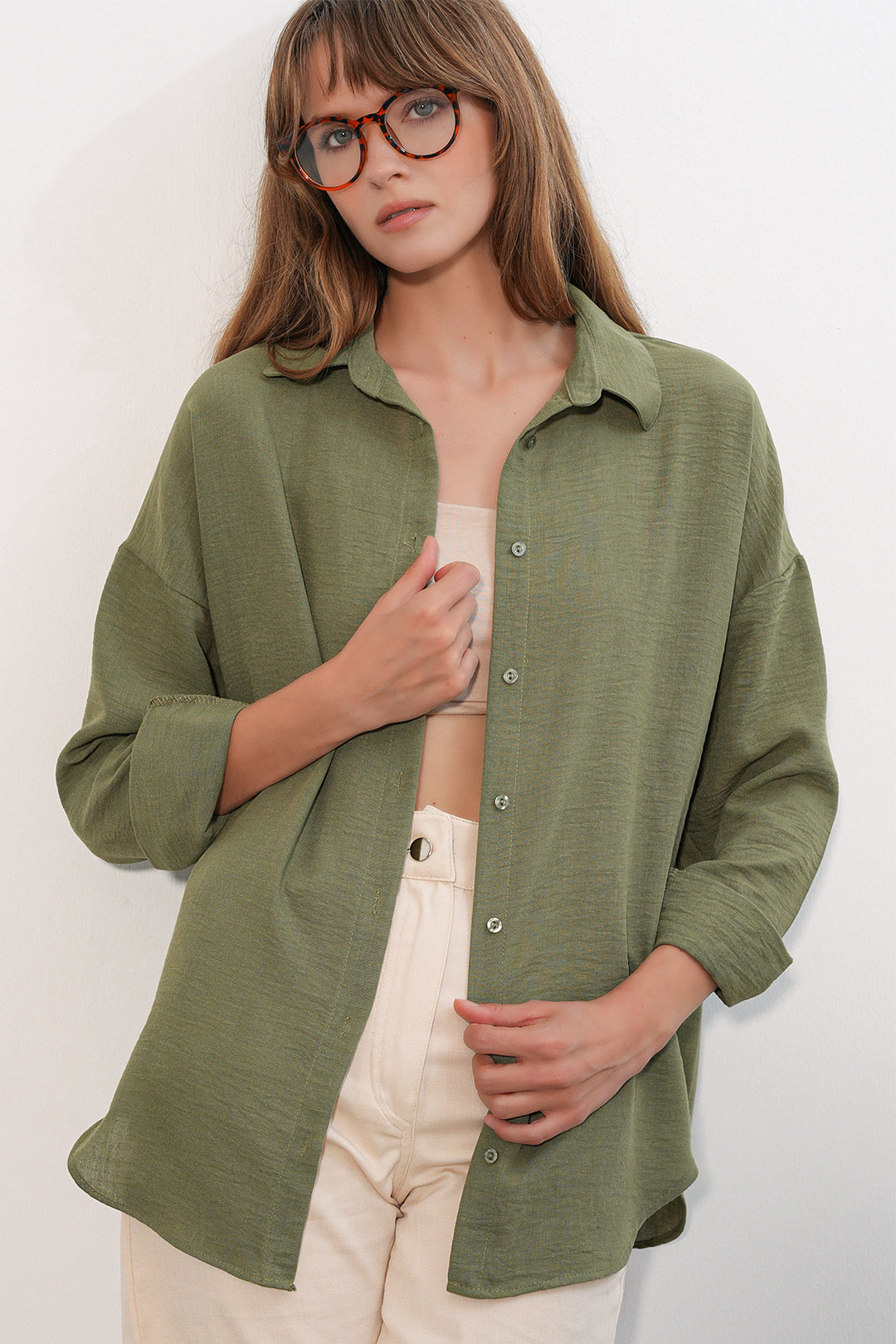 Bigdart Chemise oversize pour femme en lin 20338-Kaki