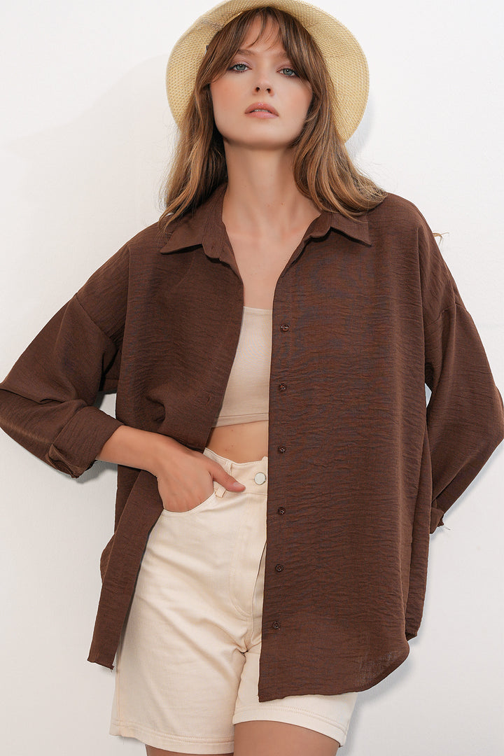 Bigdart Chemise oversize pour femme en lin 20338 - Marron